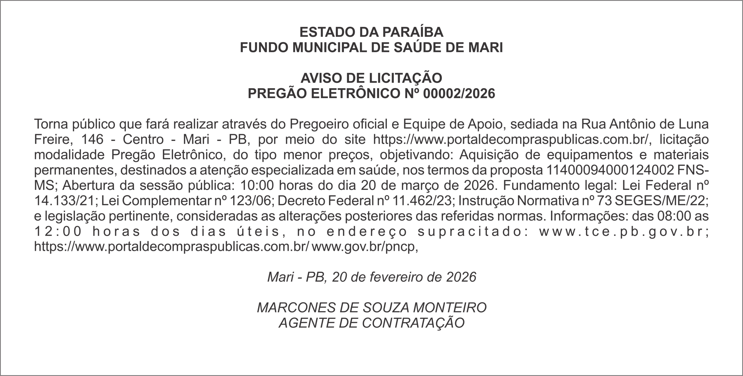 FUNDO MUNICIPAL DE SAÚDE DE MARI – AVISO DE LICITAÇÃO – PREGÃO ELETRÔNICO Nº 00002/2026