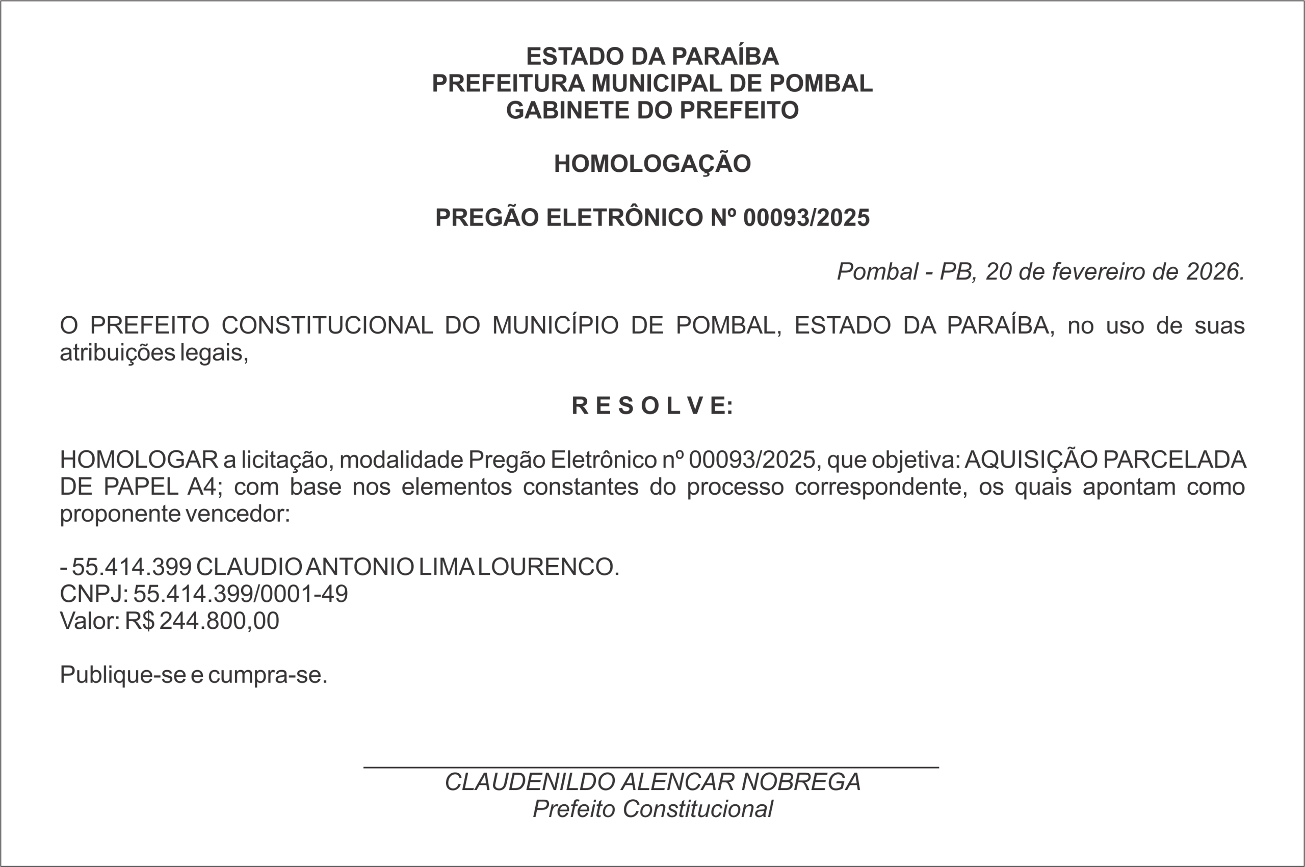 PREFEITURA MUNICIPAL DE POMBAL – HOMOLOGAÇÃO  PREGÃO ELETRÔNICO Nº 00093/2025