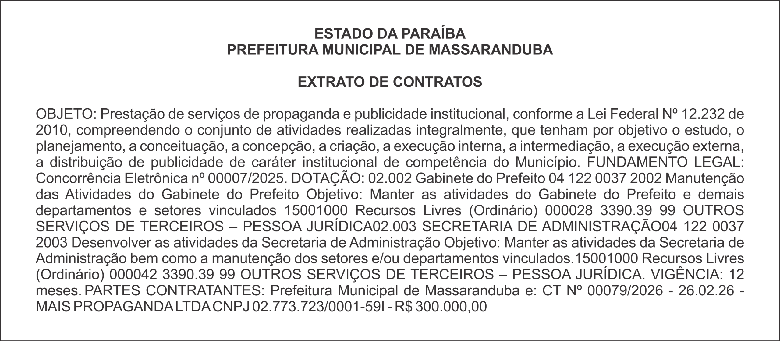 PREFEITURA MUNICIPAL DE MASSARANDUBA – EXTRATO DE CONTRATOS