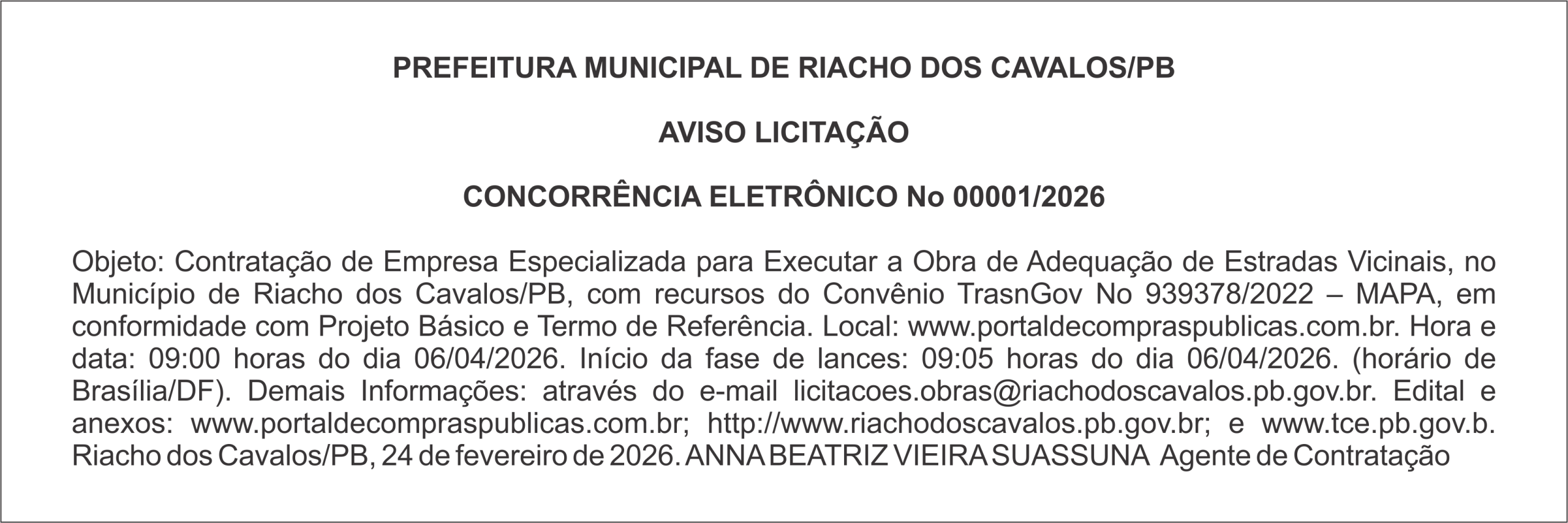 PREFEITURA MUNICIPAL DE RIACHO DOS CAVALOS/PB – AVISO LICITAÇÃO – CONCORRÊNCIA ELETRÔNICO No 00001/2026