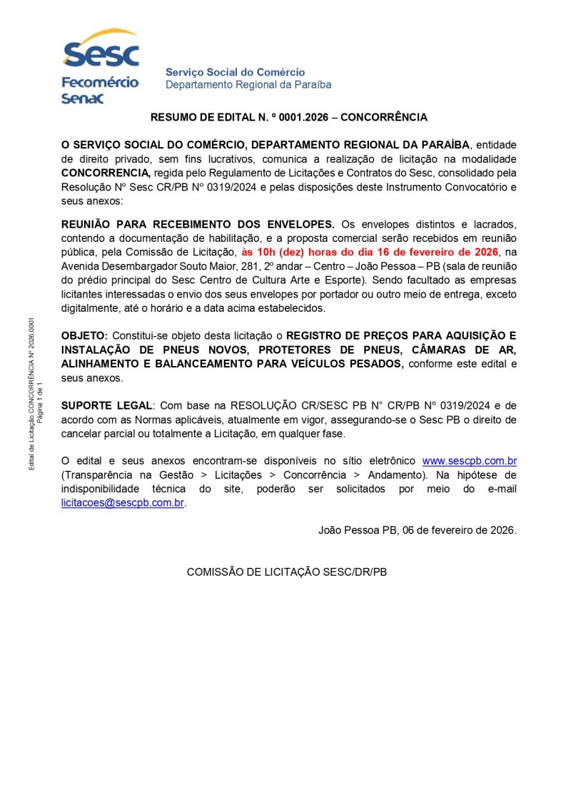 SESC- RESUMO DE EDITAL N. º 0001.2026 – CONCORRÊNCIA