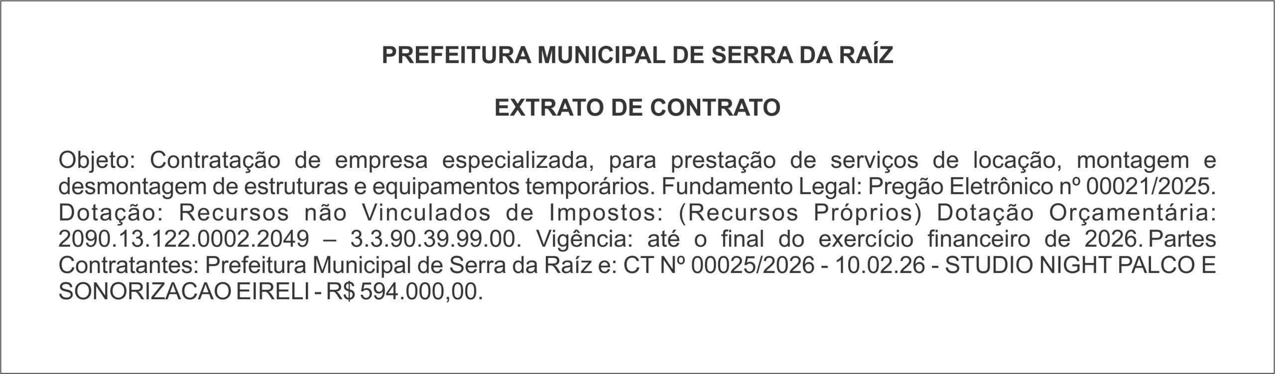 PREFEITURA MUNICIPAL DE SERRA DA RAÍZ – EXTRATO DE CONTRATO