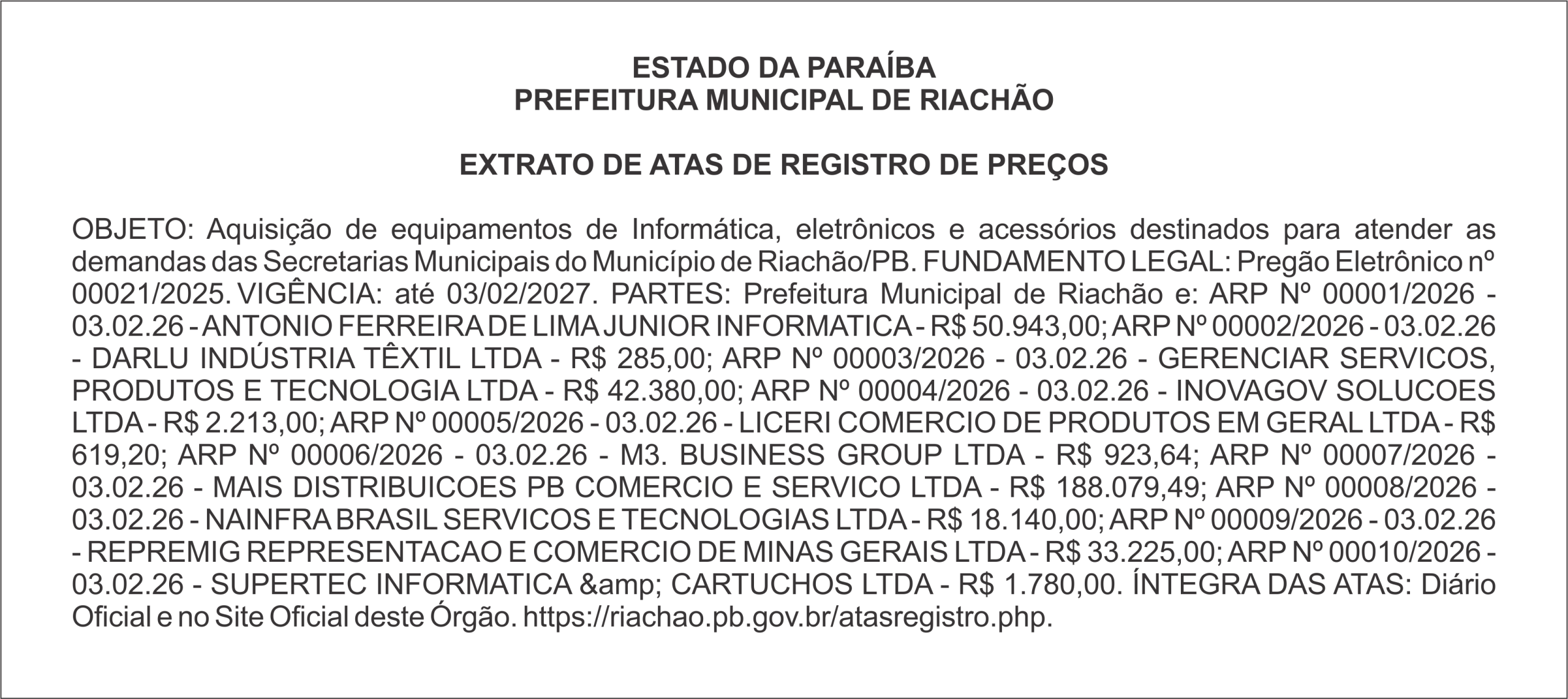 PREFEITURA MUNICIPAL DE RIACHÃO – EXTRATO DE ATAS DE REGISTRO DE PREÇOS