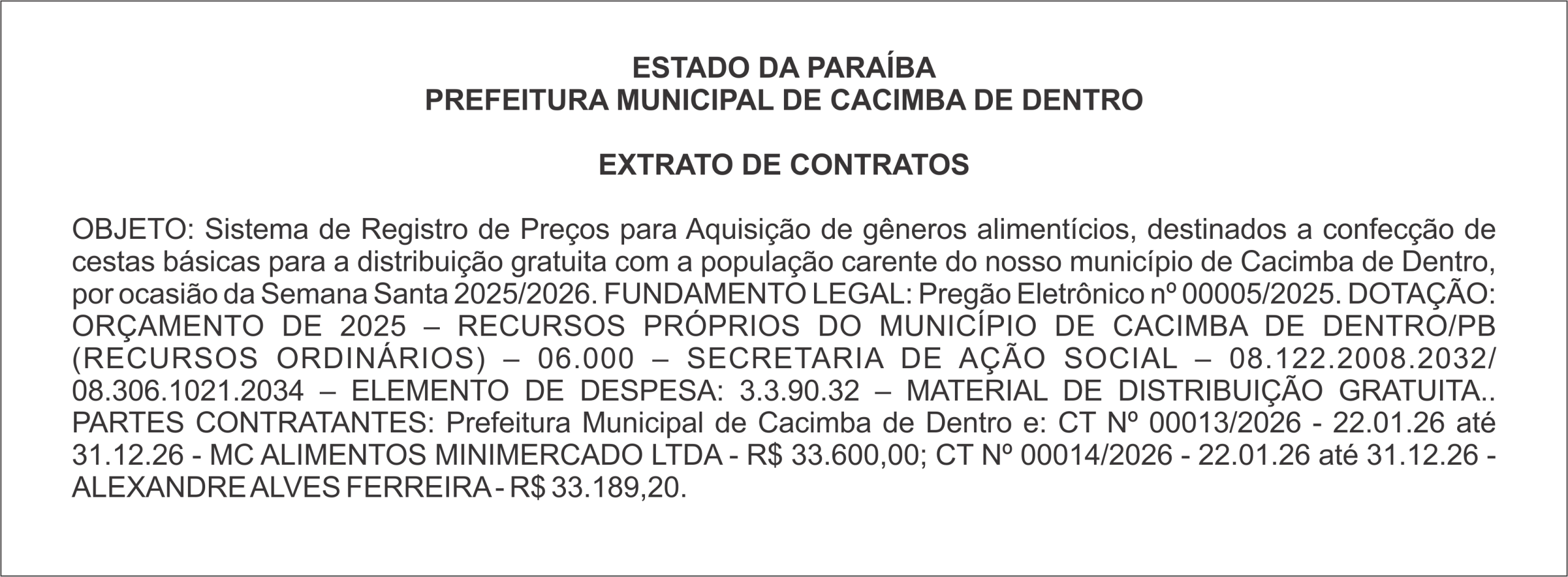 PREFEITURA MUNICIPAL DE CACIMBA DE DENTRO – EXTRATO DE CONTRATOS