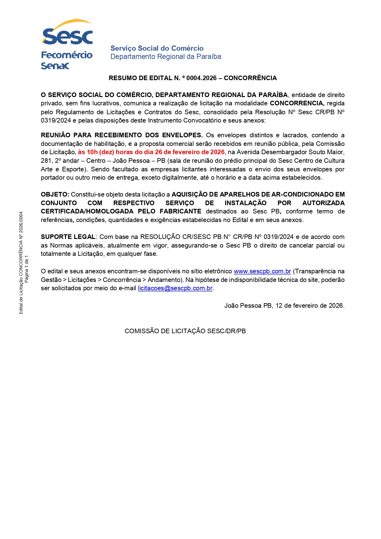 SESC – RESUMO DE EDITAL N. º 0004.2026 – CONCORRÊNCIA