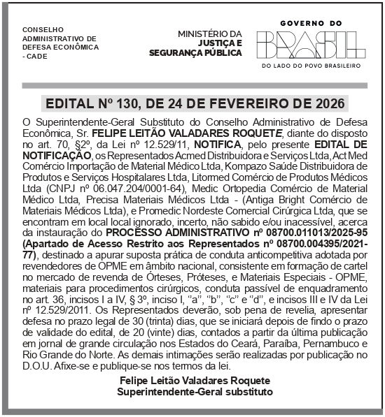 CADE – DF – BRASÍLIA – Edital n° 130, de 24 de fevereiro de 2026