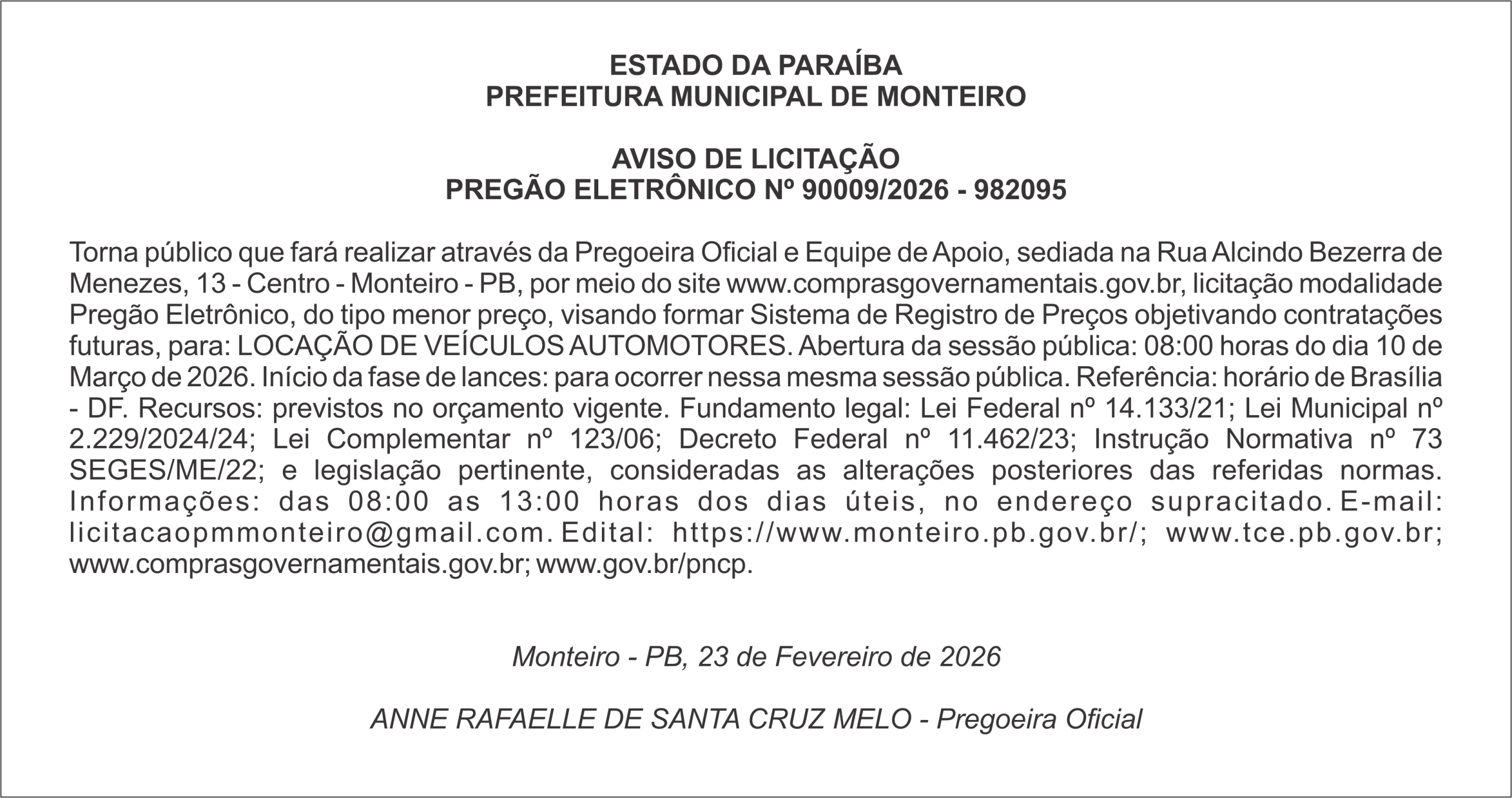 PREFEITURA MUNICIPAL DE MONTEIRO – AVISO DE LICITAÇÃO – PREGÃO ELETRÔNICO Nº 90009/2026 – 982095