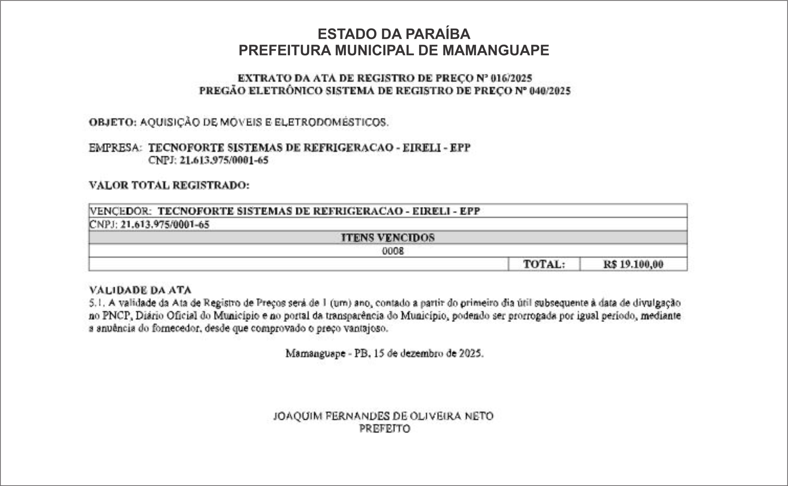 PREFEITURA MUNICIPAL DE MAMANGUAPE – EXTRATO DA ATA DE REGISTRO DE PREÇO Nº 016/2025