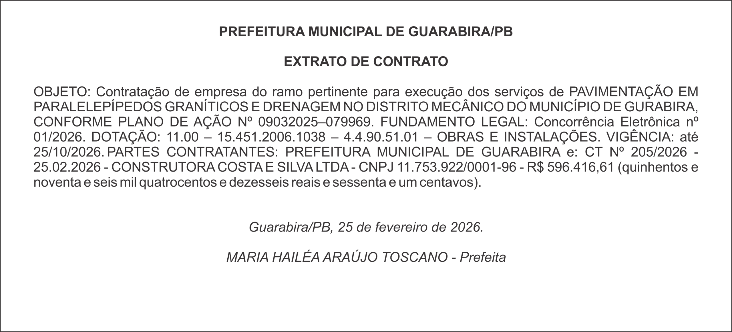 PREFEITURA MUNICIPAL DE GUARABIRA/PB  EXTRATO DE CONTRATO