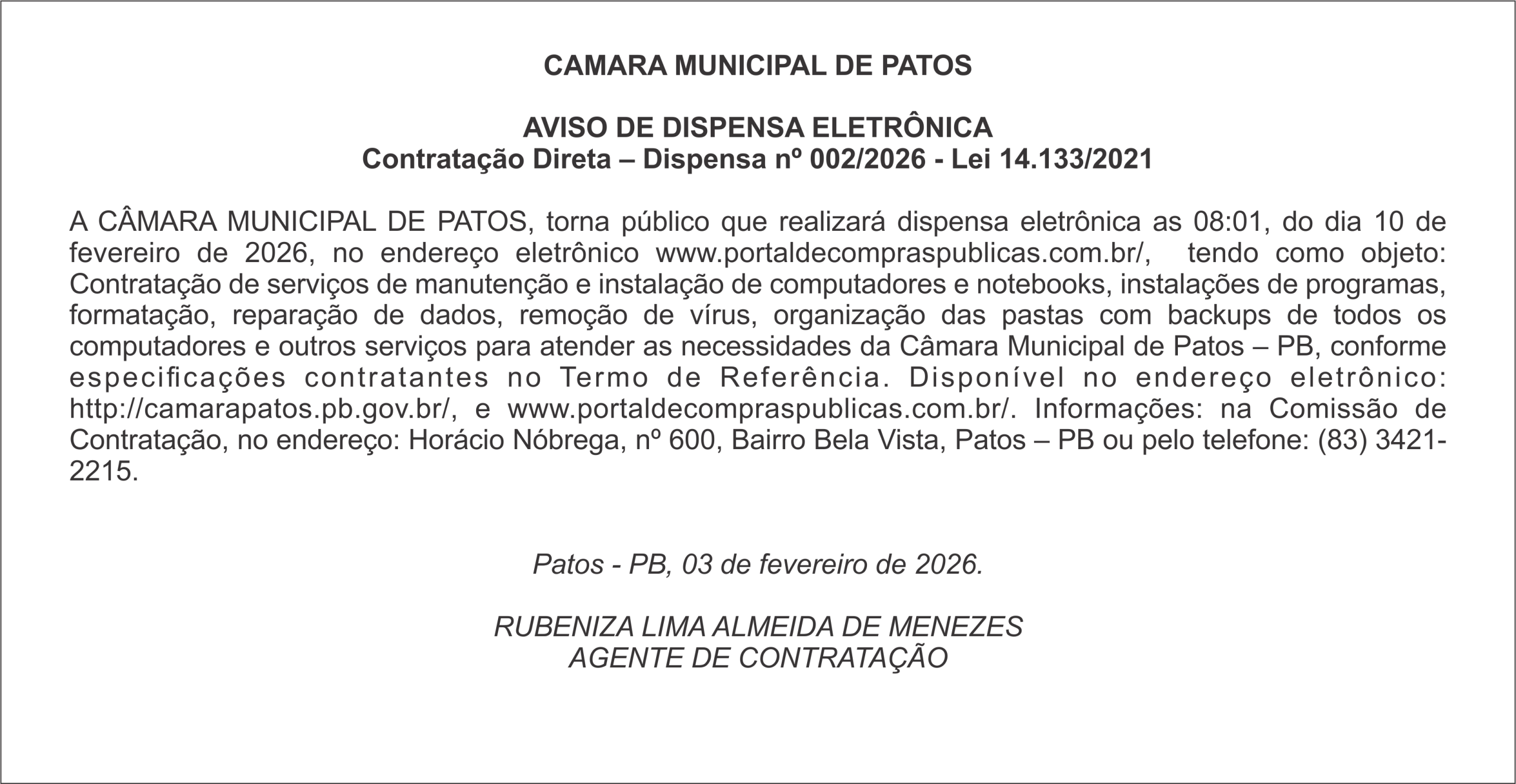 CAMARA MUNICIPAL DE PATOS – AVISO DE DISPENSA ELETRÔNICA