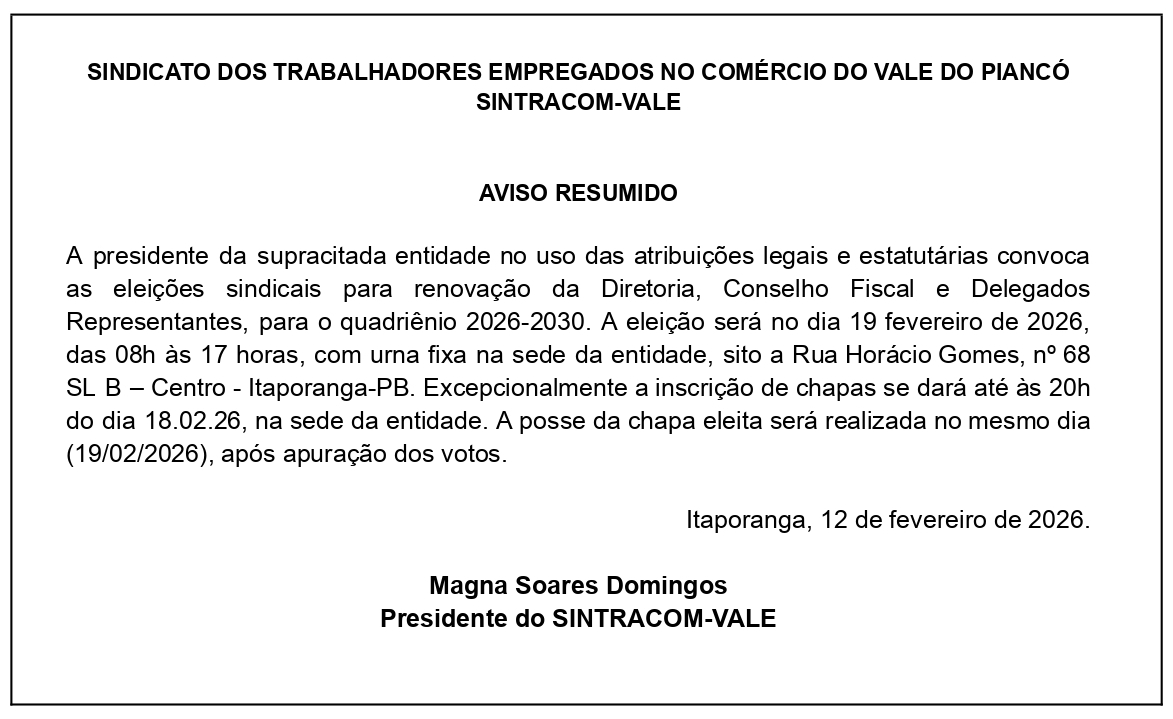 SINTRACOM-VALE  – EDITAL – AVISO RESUMIDO