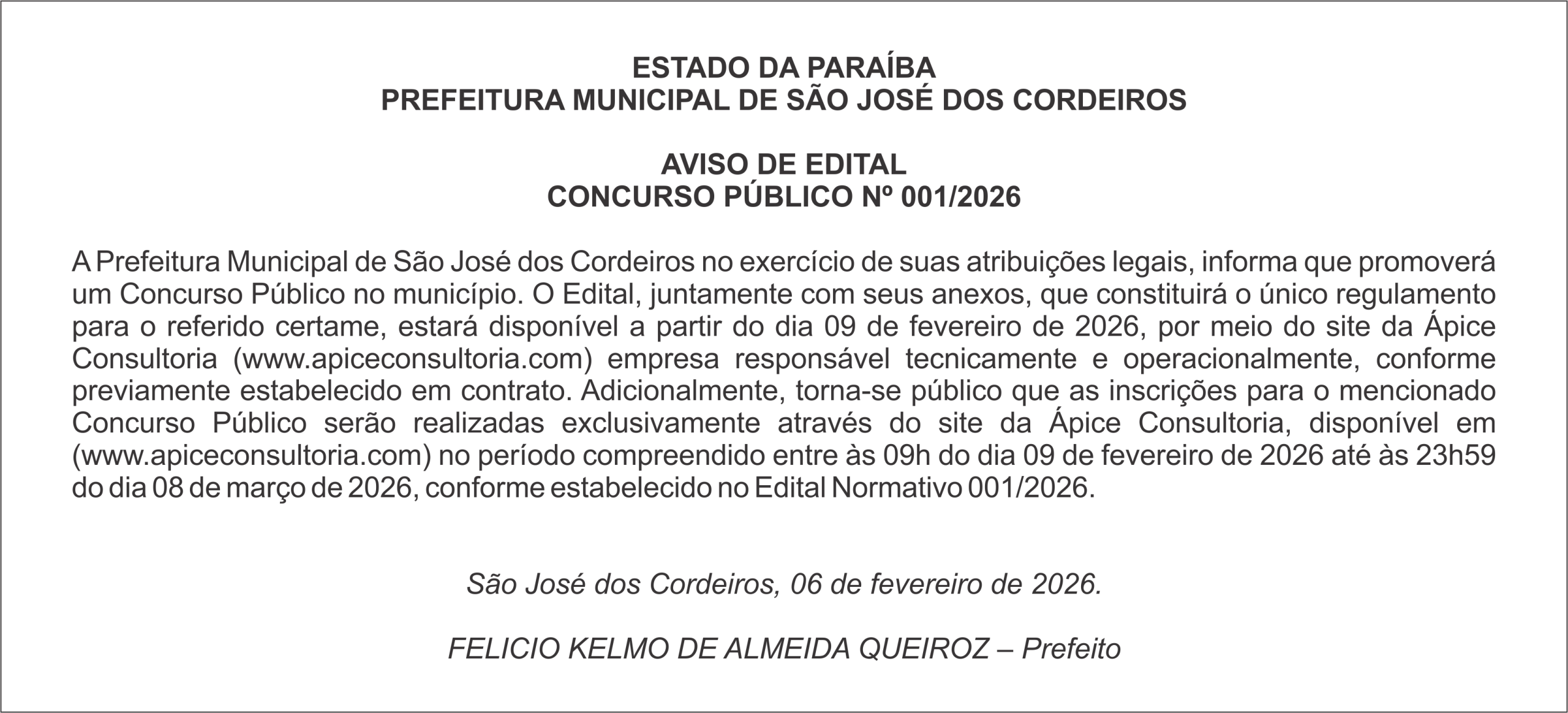 PREFEITURA MUNICIPAL DE SÃO JOSÉ DOS CORDEIROS – AVISO DE EDITAL – CONCURSO PÚBLICO Nº 001/2026