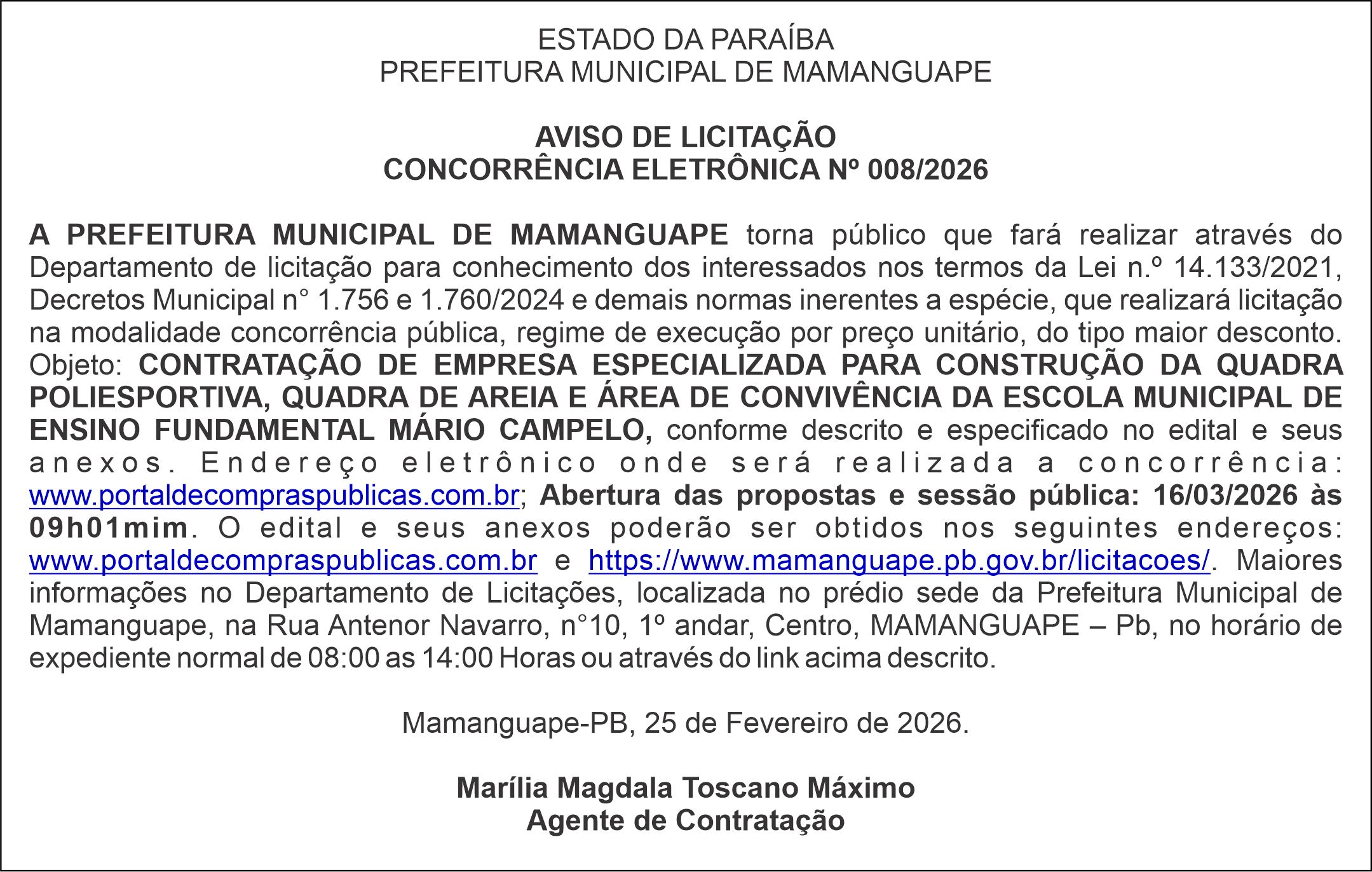 PREFEITURA MUNICIPAL DE MAMANGUAPE – AVISO DE LICITAÇÃO – CONCORRÊNCIA ELETRÔNICA Nº 008/2026
