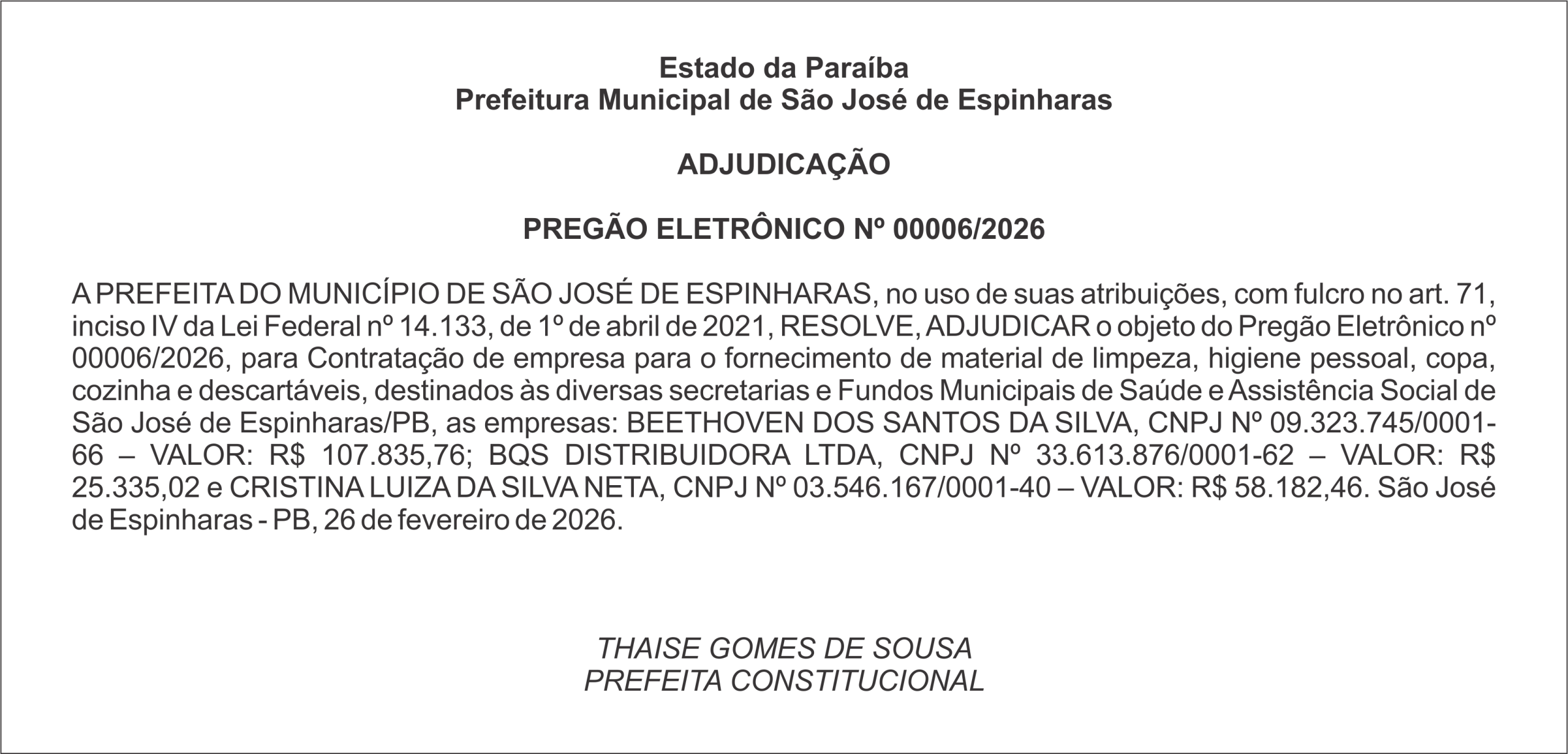 PREFEITURA DE SÃO JOSÉ DE ESPINHARAS – ADJUDICAÇÃO