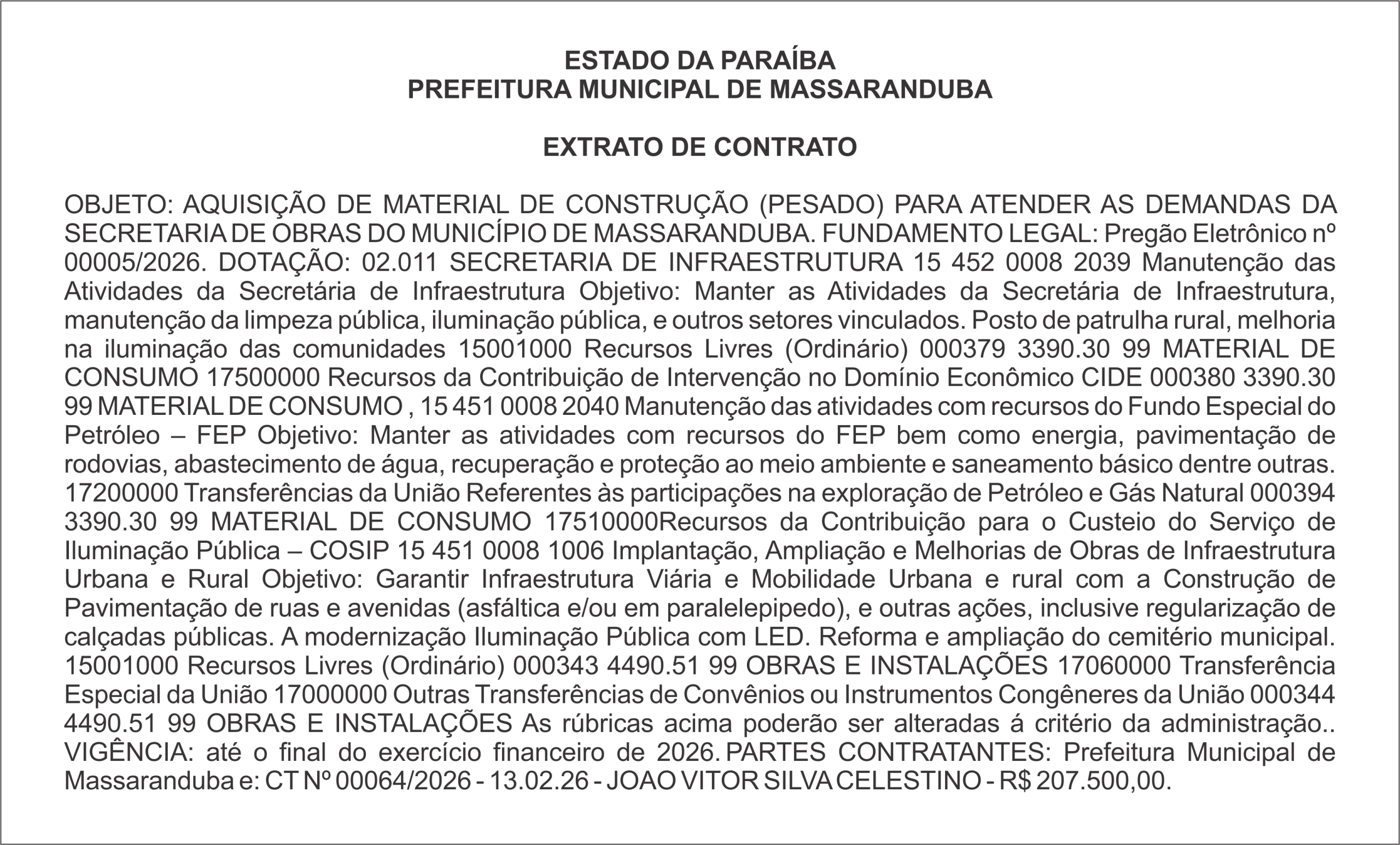 PREFEITURA MUNICIPAL DE MASSARANDUBA – EXTRATO DE CONTRATO