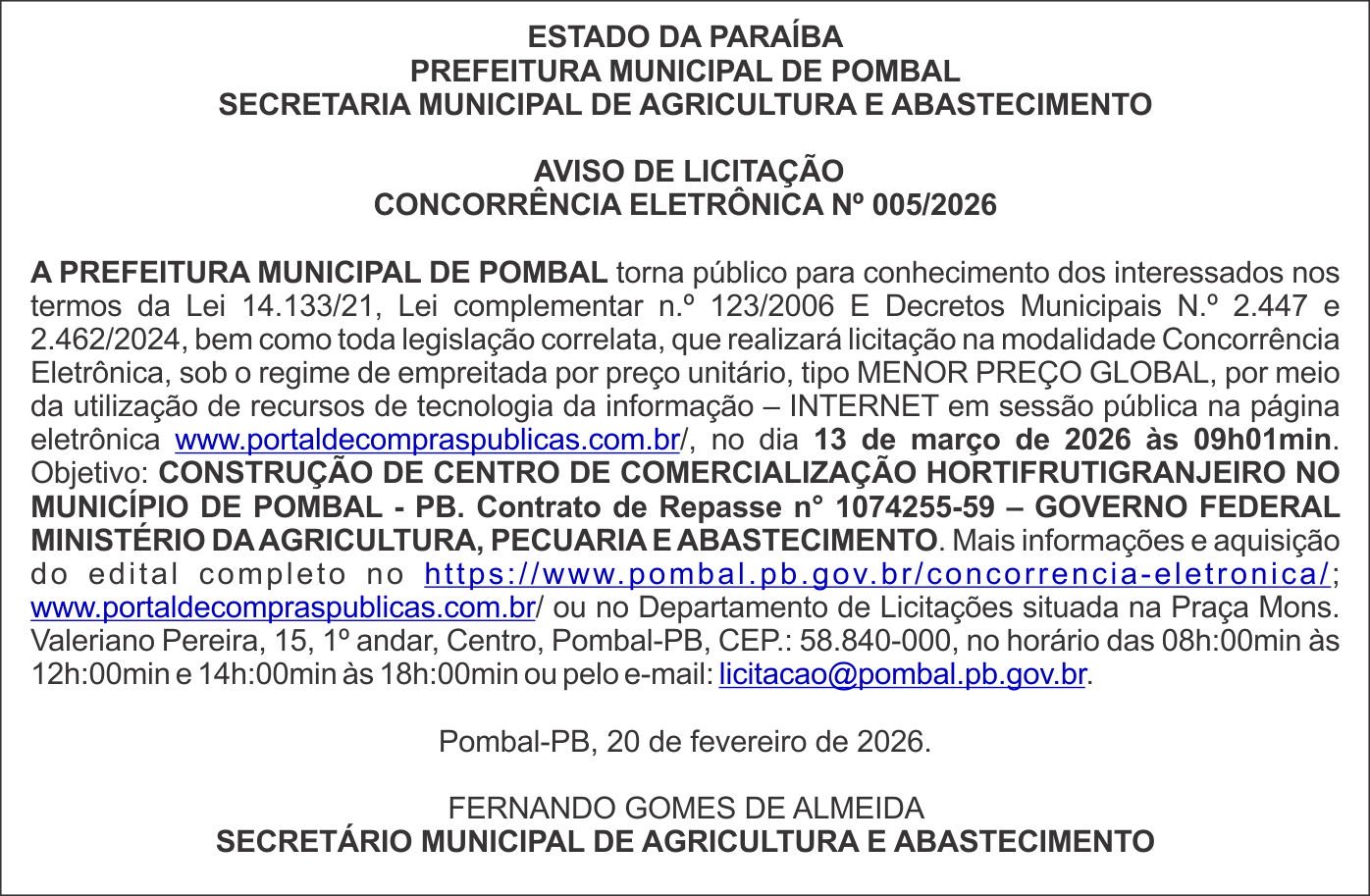PREFEITURA MUNICIPAL DE POMBAL  – AVISO DE LICITAÇÃO – CONCORRÊNCIA ELETRÔNICA Nº 005/2026