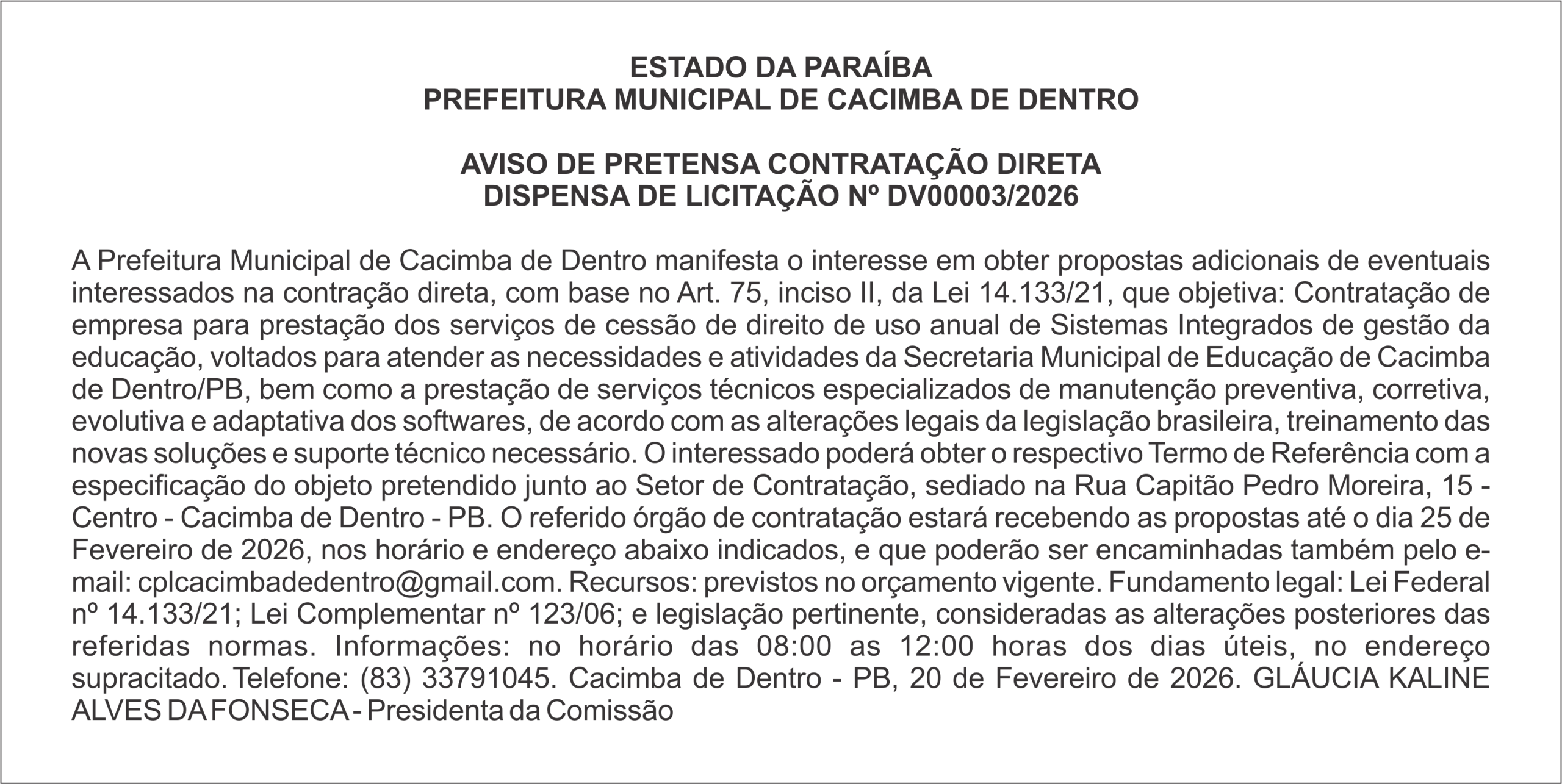 PREFEITURA MUNICIPAL DE CACIMBA DE DENTRO – AVISO DE PRETENSA CONTRATAÇÃO DIRETA – DISPENSA DE LICITAÇÃO Nº DV00003/2026