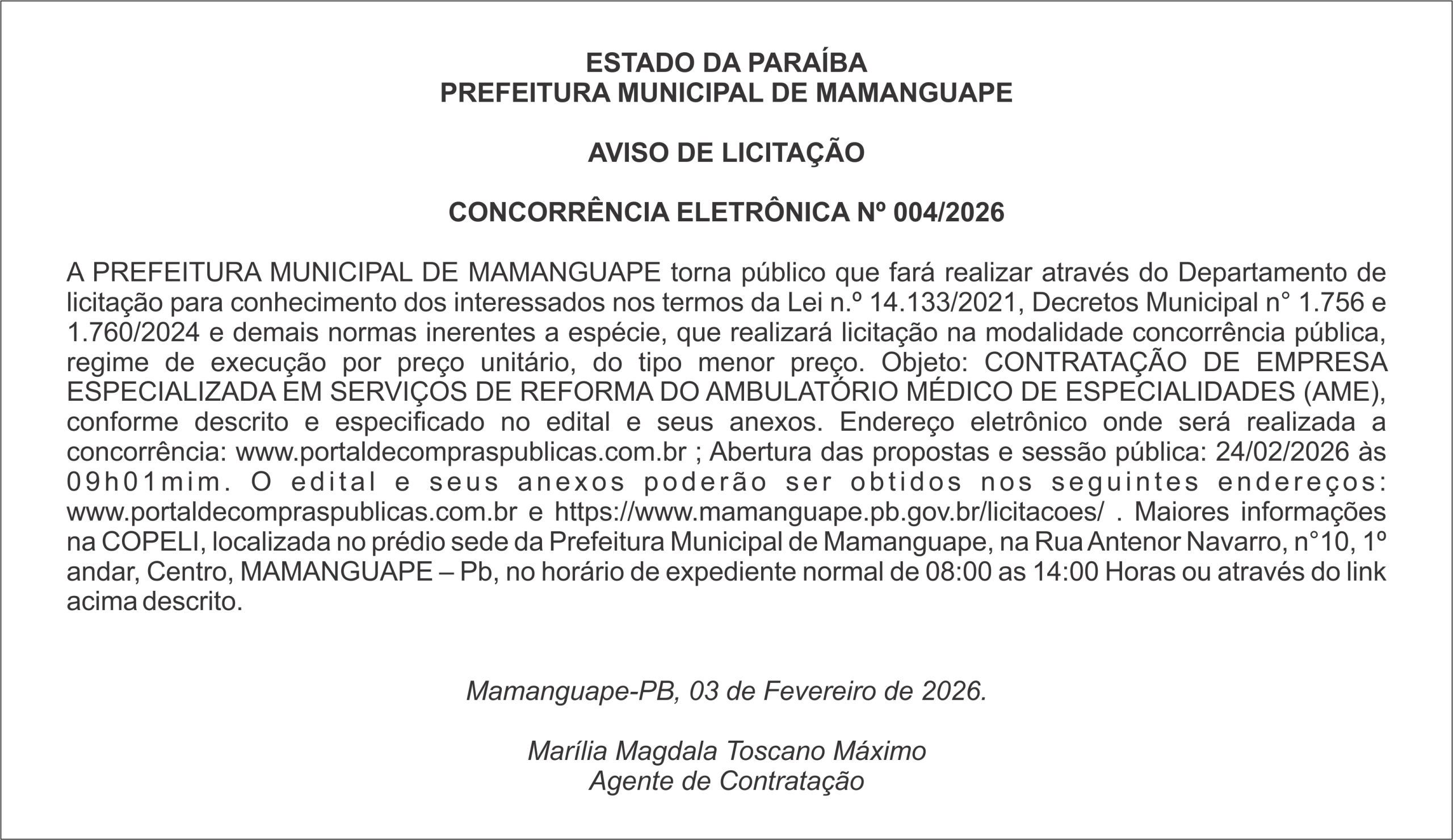 PREFEITURA MUNICIPAL DE MAMANGUAPE – AVISO DE LICITAÇÃO – CONCORRÊNCIA ELETRÔNICA Nº 004/2026