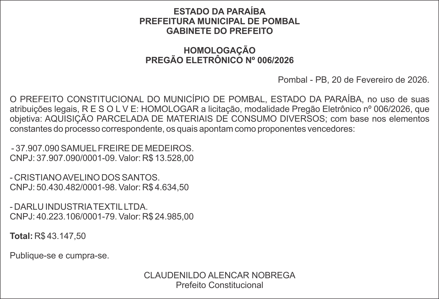 PREFEITURA MUNICIPAL DE POMBAL – HOMOLOGAÇÃO – PREGÃO ELETRÔNICO Nº 006/2026