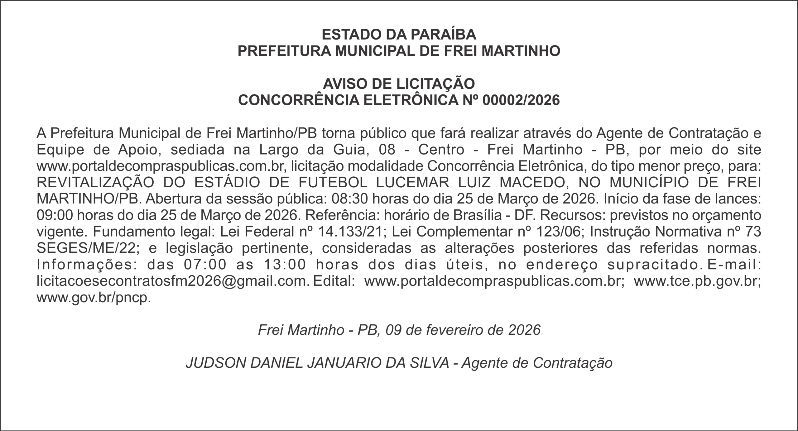 PREFEITURA MUNICIPAL DE FREI MARTINHO – AVISO DE LICITAÇÃO – CONCORRÊNCIA ELETRÔNICA Nº 00002/2026