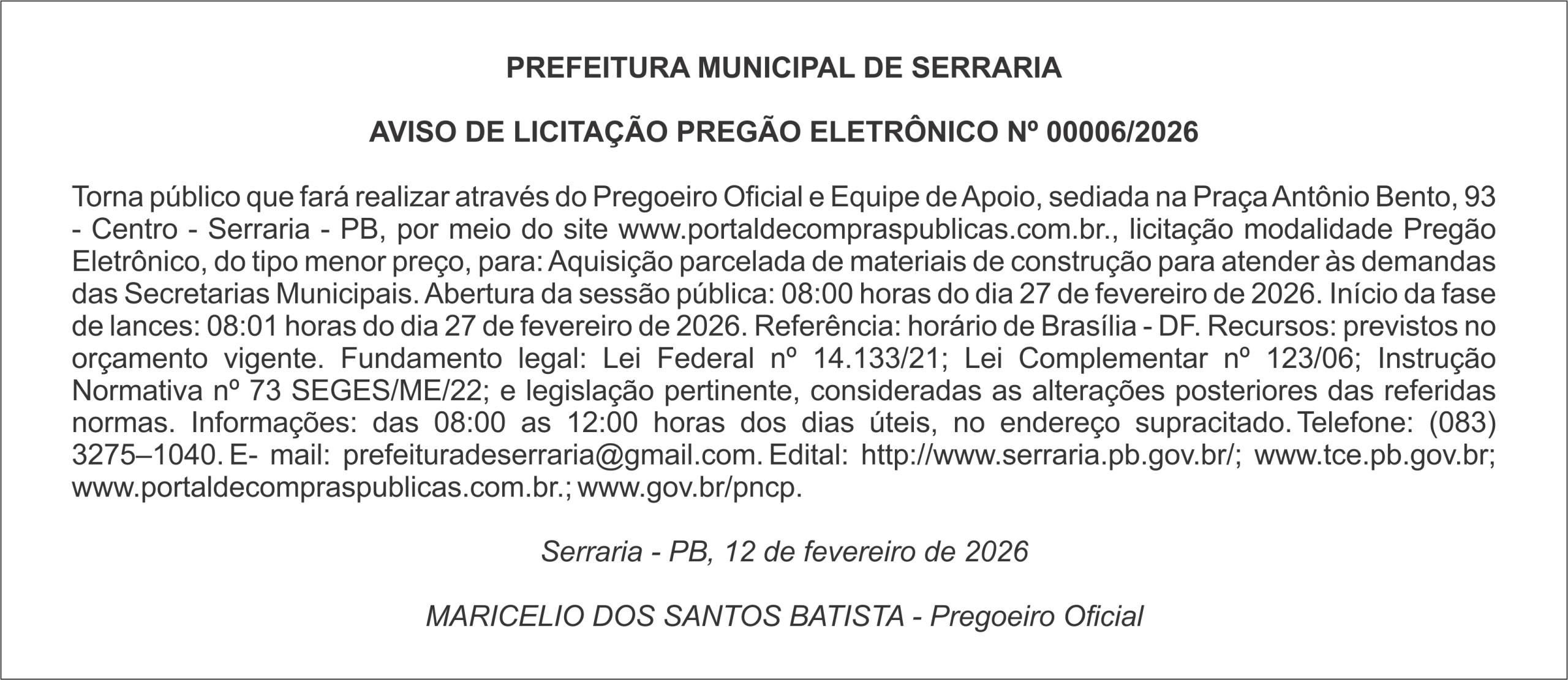 PREFEITURA MUNICIPAL DE SERRARIA – AVISO DE LICITAÇÃO PREGÃO ELETRÔNICO Nº 00006/2026