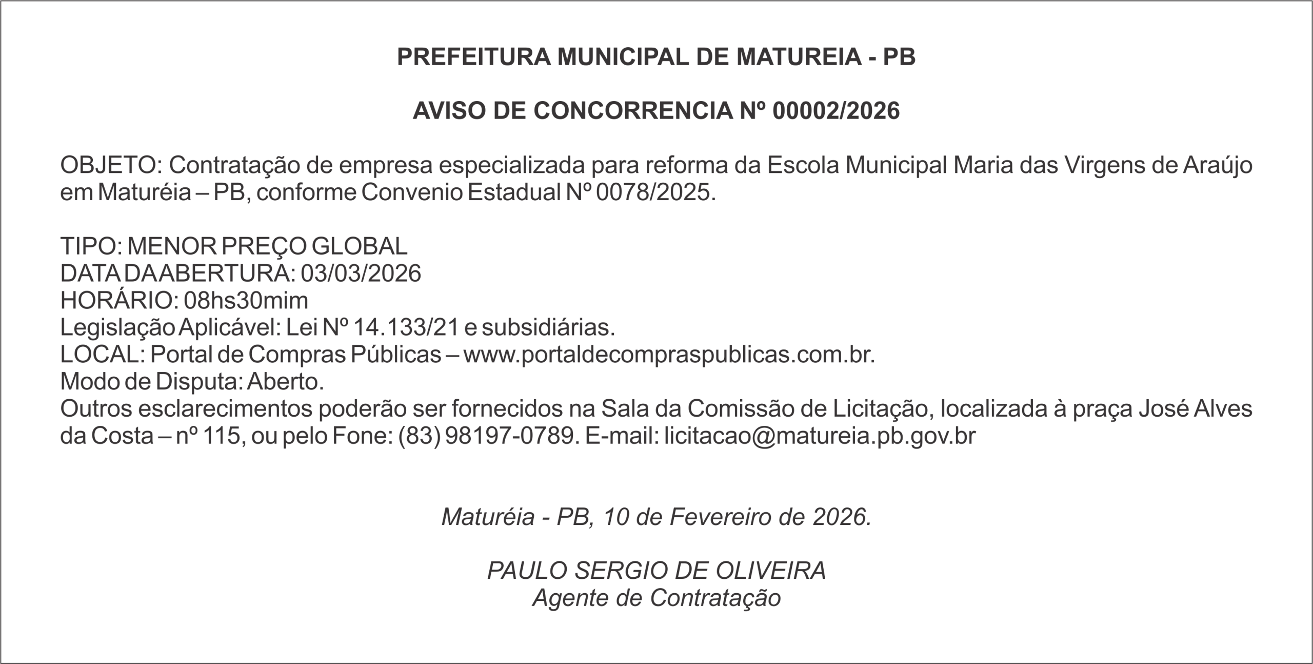PREFEITURA MUNICIPAL DE MATUREIA – PB – AVISO DE CONCORRENCIA Nº 00002/2026