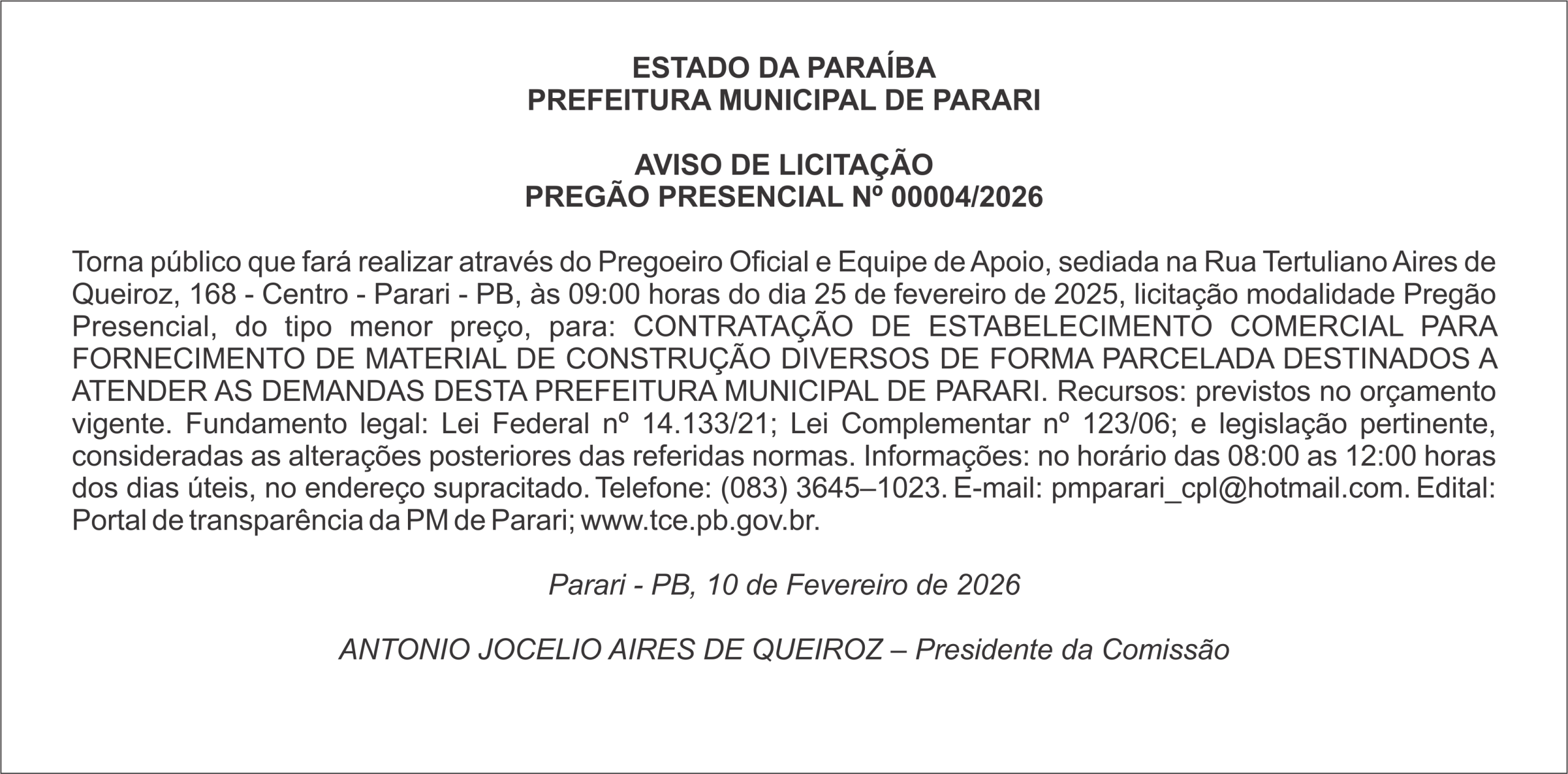 PREFEITURA MUNICIPAL DE PARARI – AVISO DE LICITAÇÃO PREGÃO PRESENCIAL Nº 00004/2026