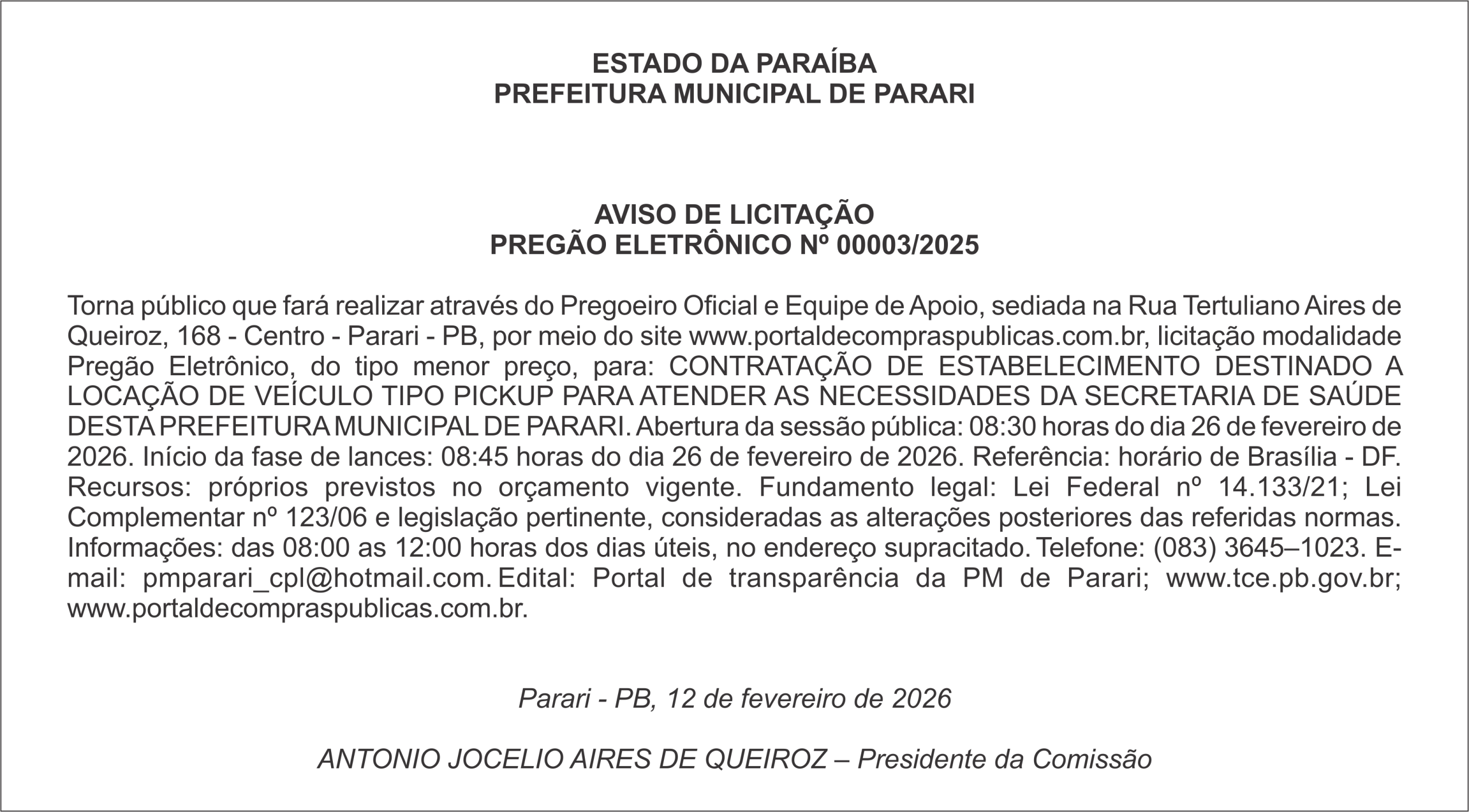PREFEITURA MUNICIPAL DE PARARI – AVISO DE LICITAÇÃO PREGÃO ELETRÔNICO Nº 00003/2025