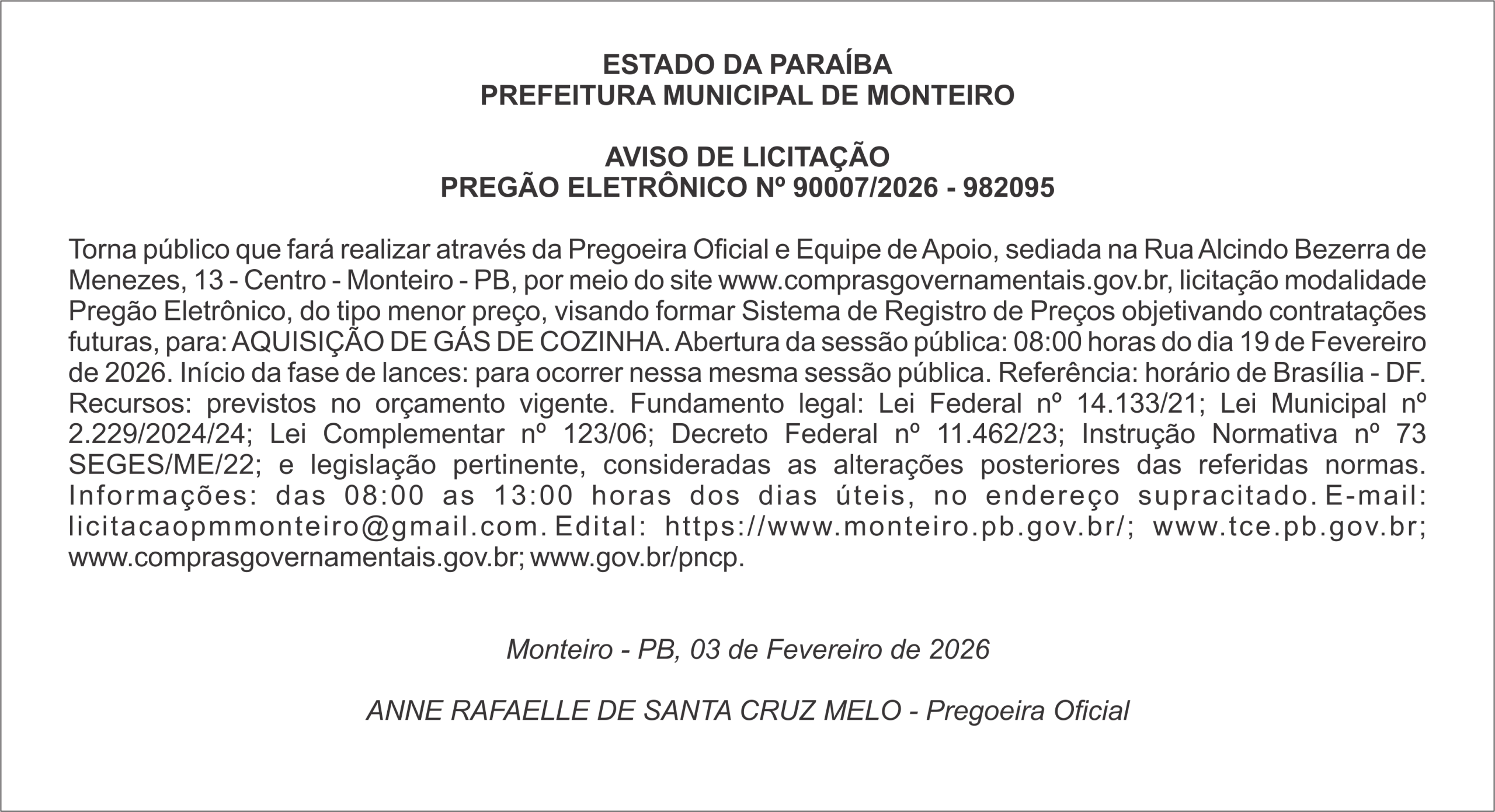 PREFEITURA MUNICIPAL DE MONTEIRO – AVISO DE LICITAÇÃO – PREGÃO ELETRÔNICO Nº 90007/2026 – 982095
