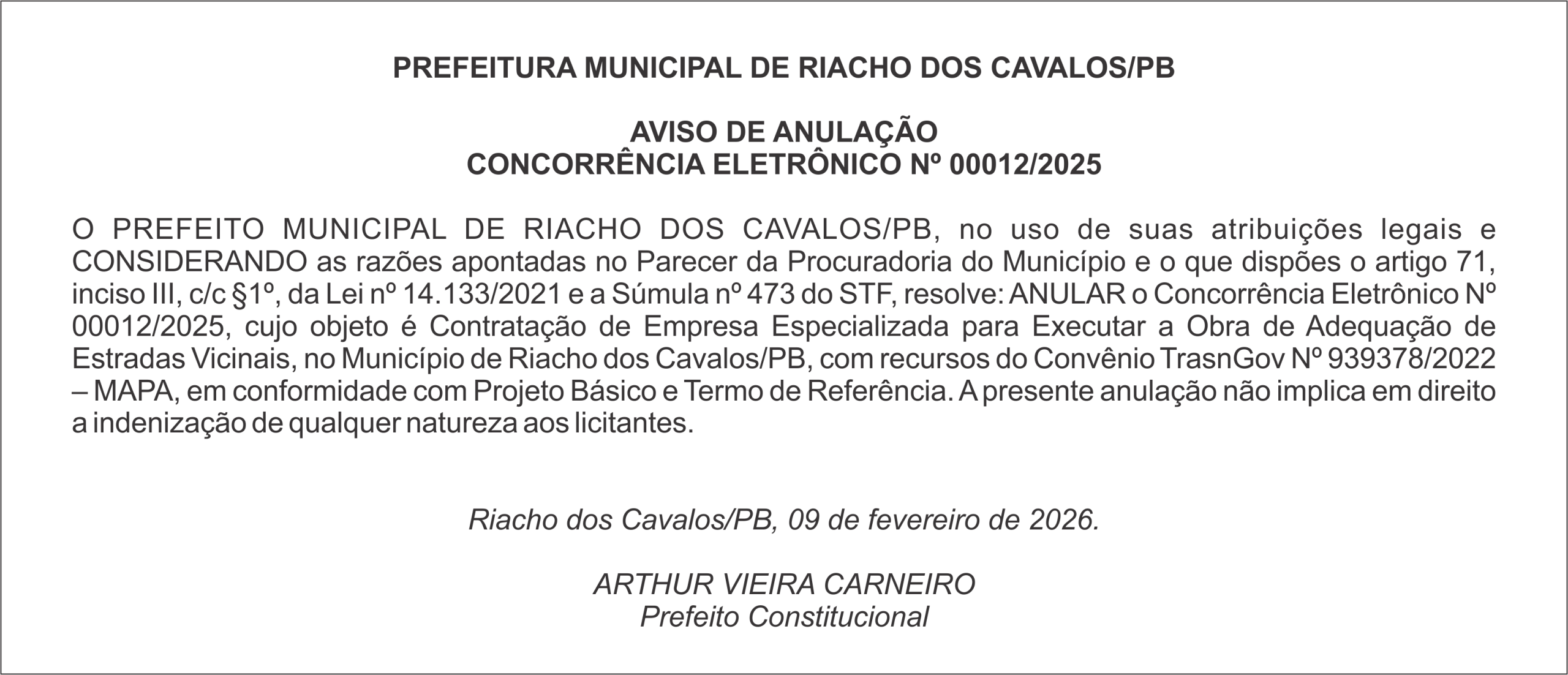 PREFEITURA MUNICIPAL DE RIACHO DOS CAVALOS/PB – AVISO DE ANULAÇÃO – CONCORRÊNCIA ELETRÔNICO Nº 00012/2025