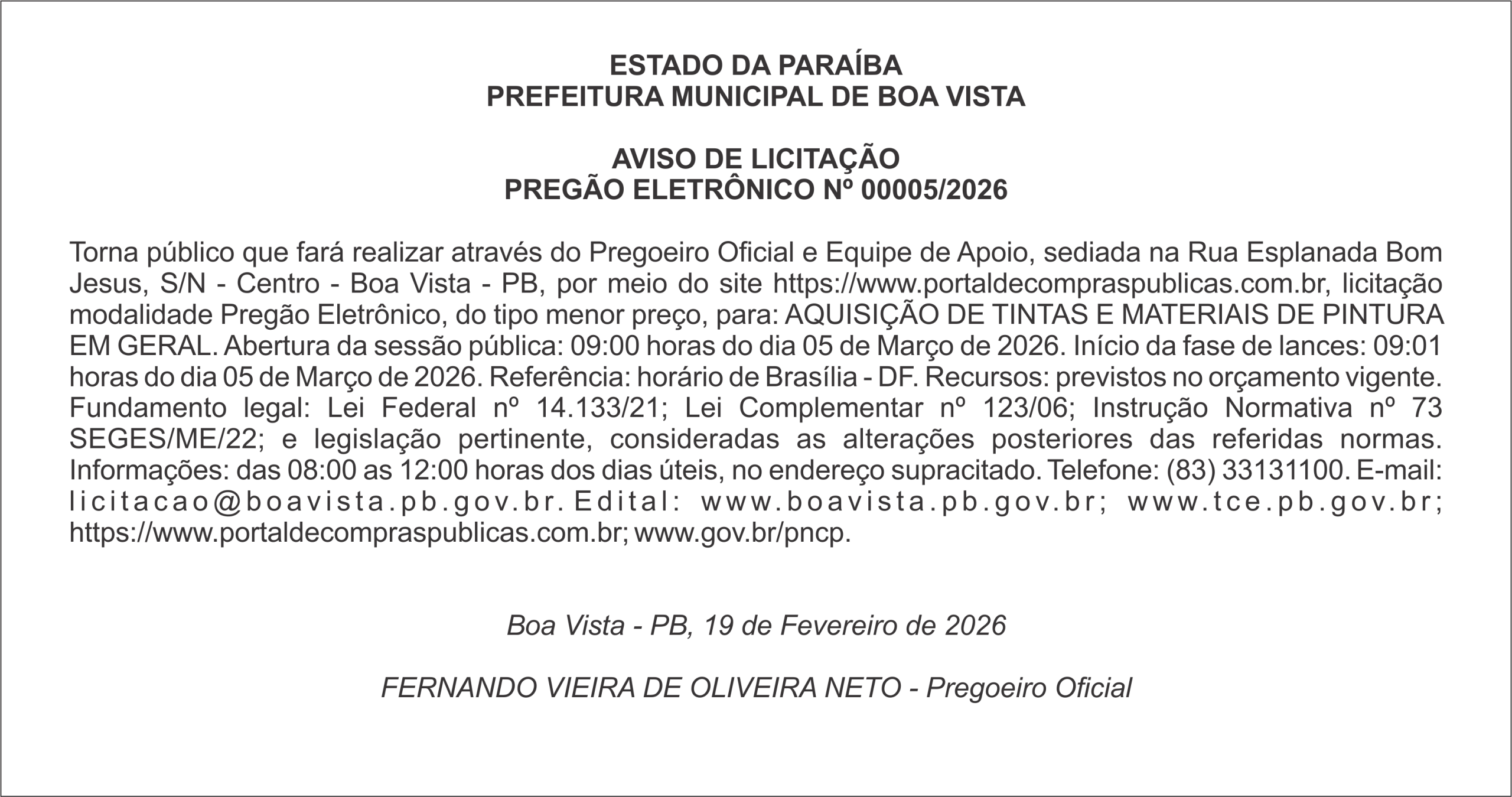 PREFEITURA MUNICIPAL DE BOA VISTA – AVISO DE LICITAÇÃO – PREGÃO ELETRÔNICO Nº 00005/2026