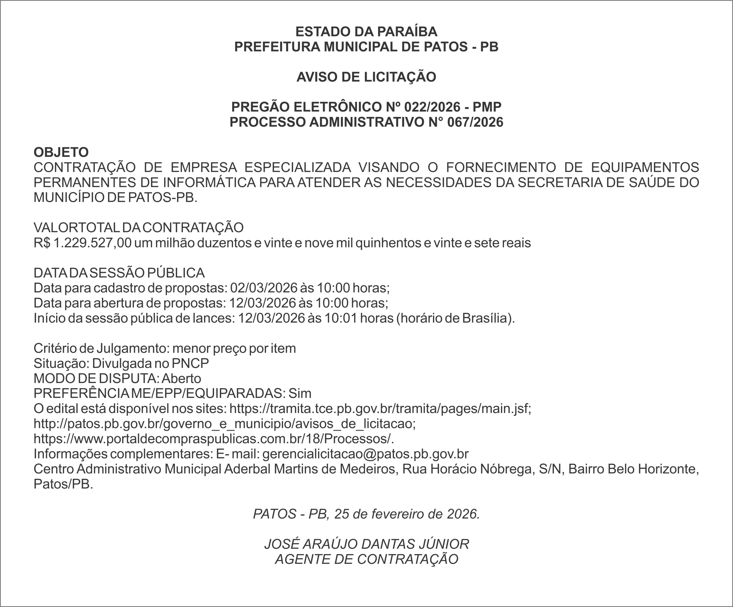 PREFEITURA MUNICIPAL DE PATOS – PB – PREGÃO ELETRÔNICO Nº 022/2026 – PMP
