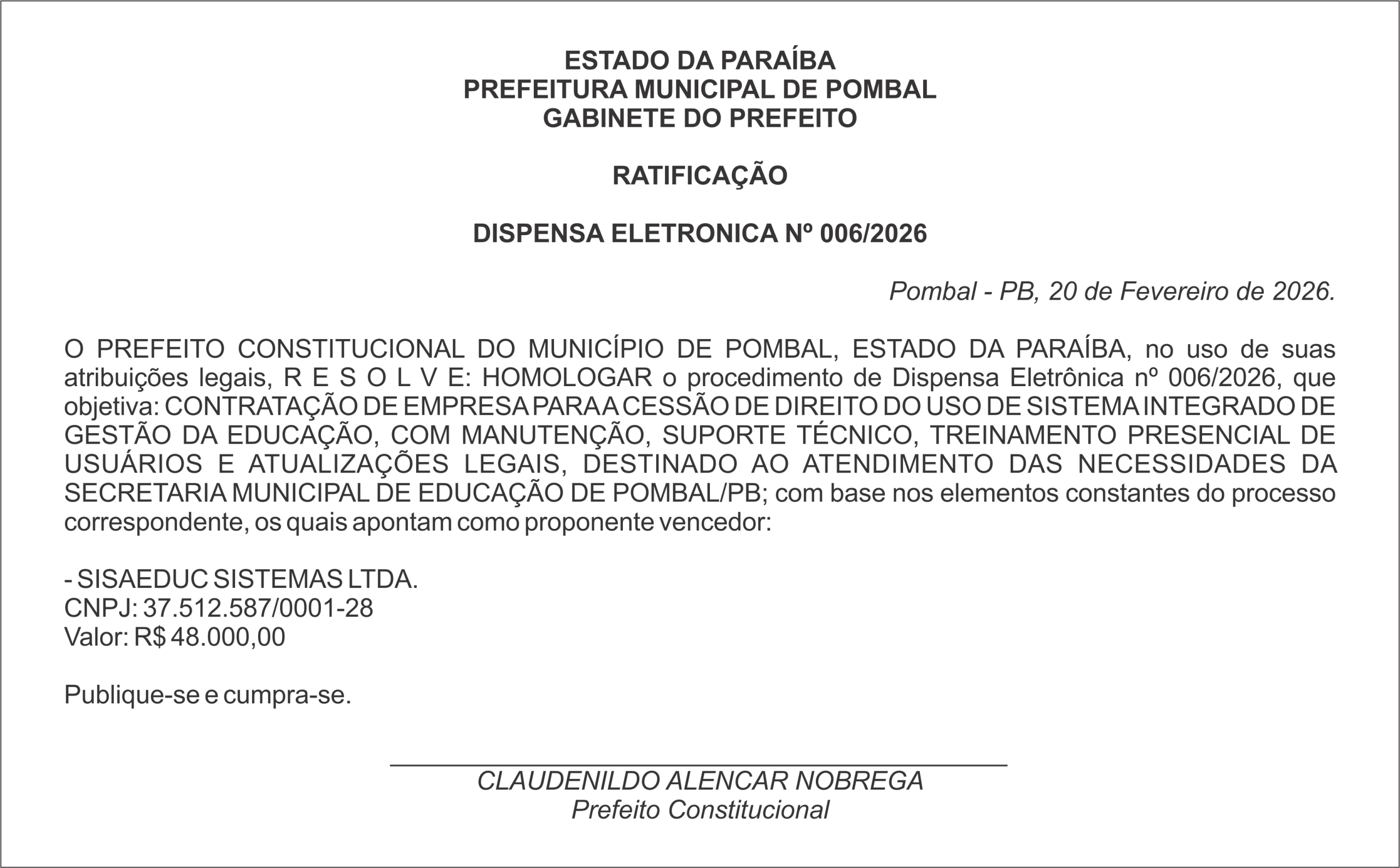 PREFEITURA MUNICIPAL DE POMBAL – RATIFICAÇÃO  DISPENSA ELETRONICA Nº 006/2026
