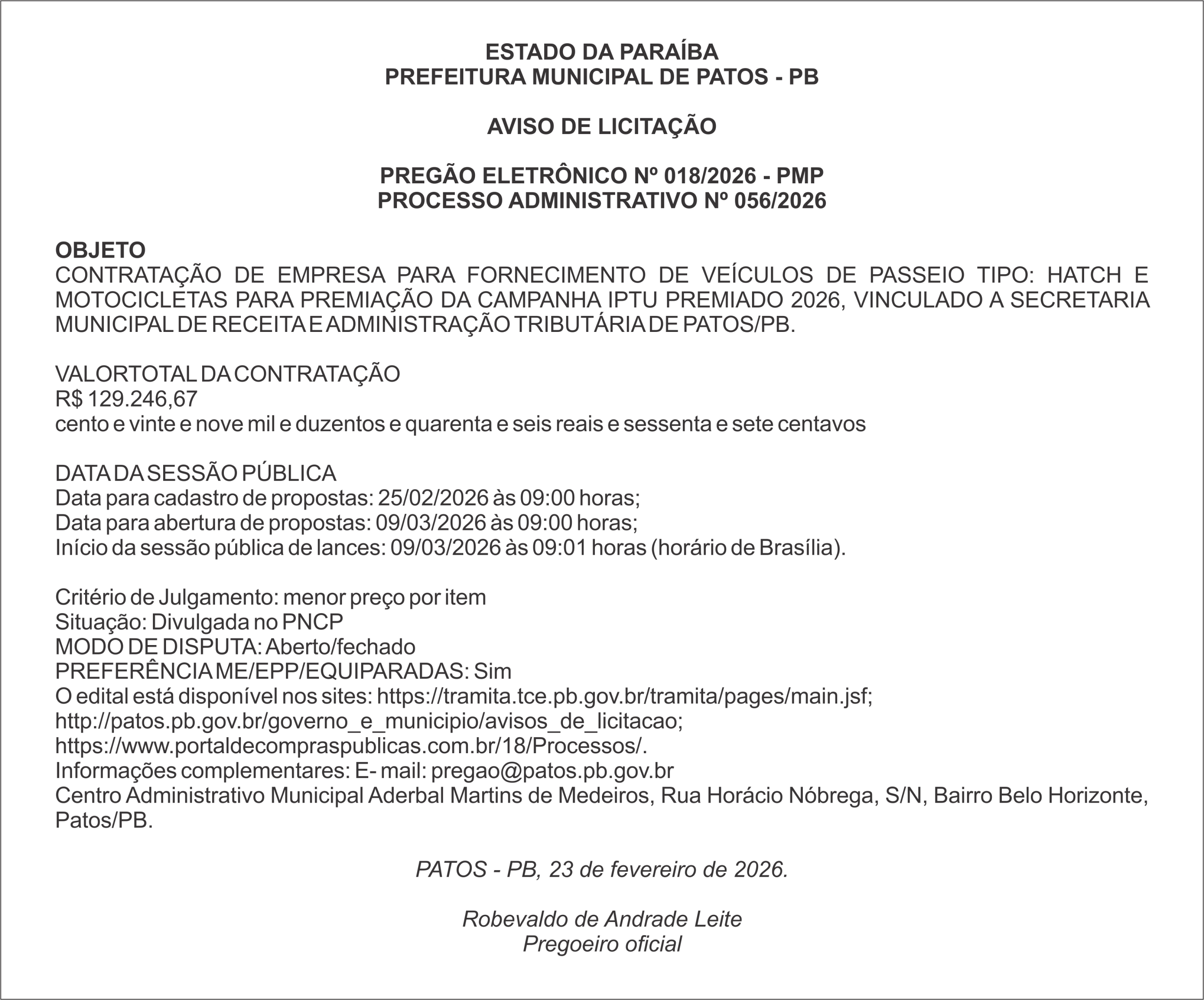 PREFEITURA MUNICIPAL DE PATOS – PB PREGÃO ELETRÔNICO Nº 018/2026 – PMP