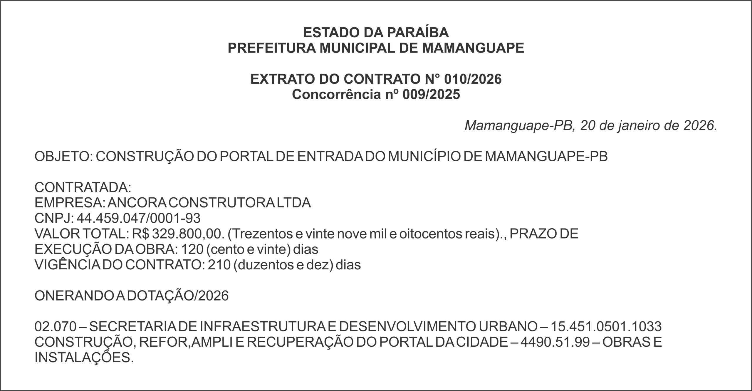 PREFEITURA MUNICIPAL DE MAMANGUAPE – EXTRATO DO CONTRATO N° 010/2026 Concorrência nº 009/2025
