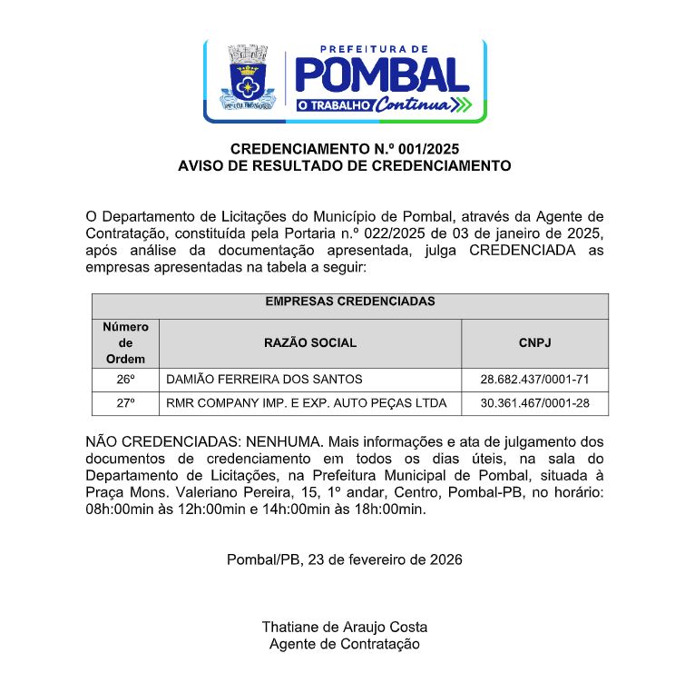 PREFEITURA MUNICIPAL DE POMBAL – CREDENCIAMENTO N.º 001/2025 AVISO DE RESULTADO DE CREDENCIAMENTO