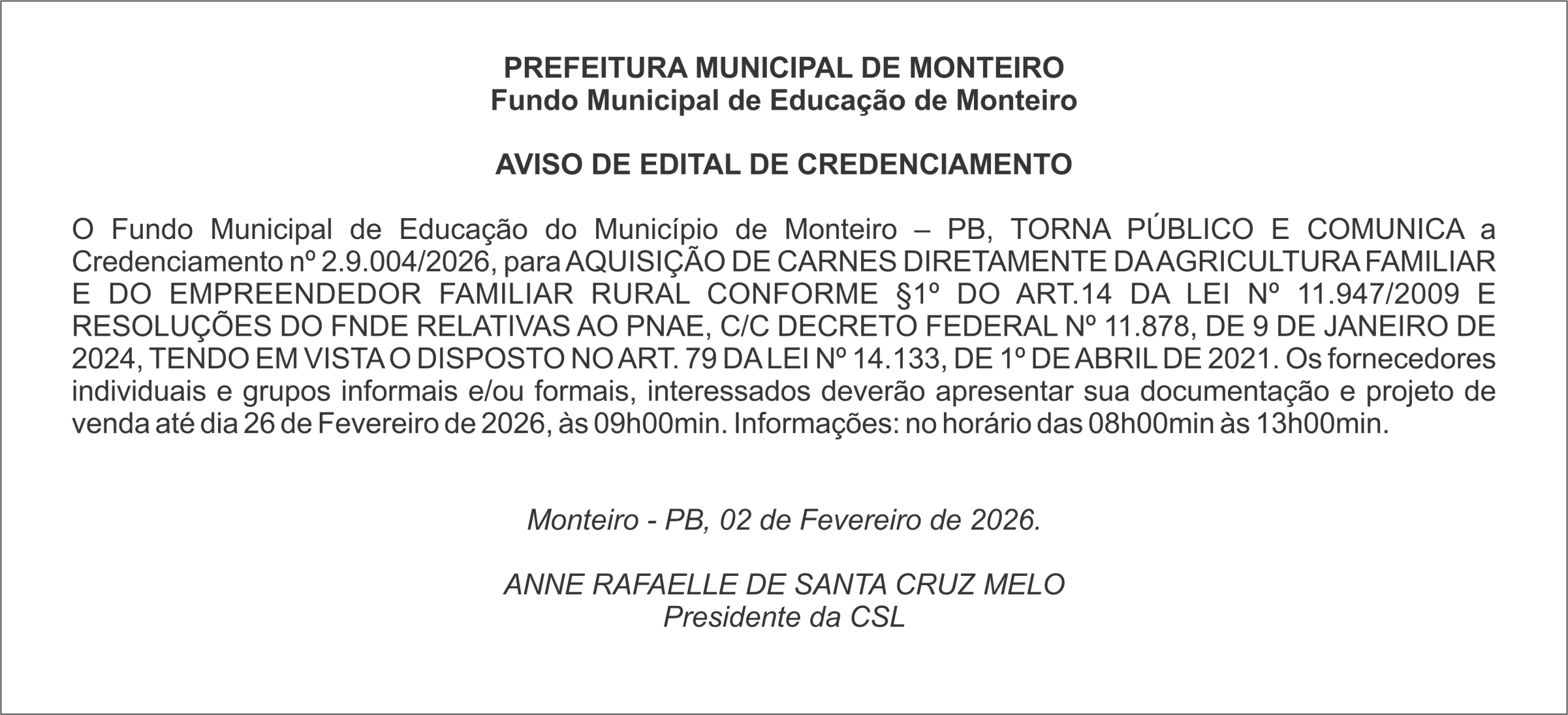 PREFEITURA MUNICIPAL DE MONTEIRO – Fundo Municipal de Educação de Monteiro – AVISO DE EDITAL DE CREDENCIAMENTO