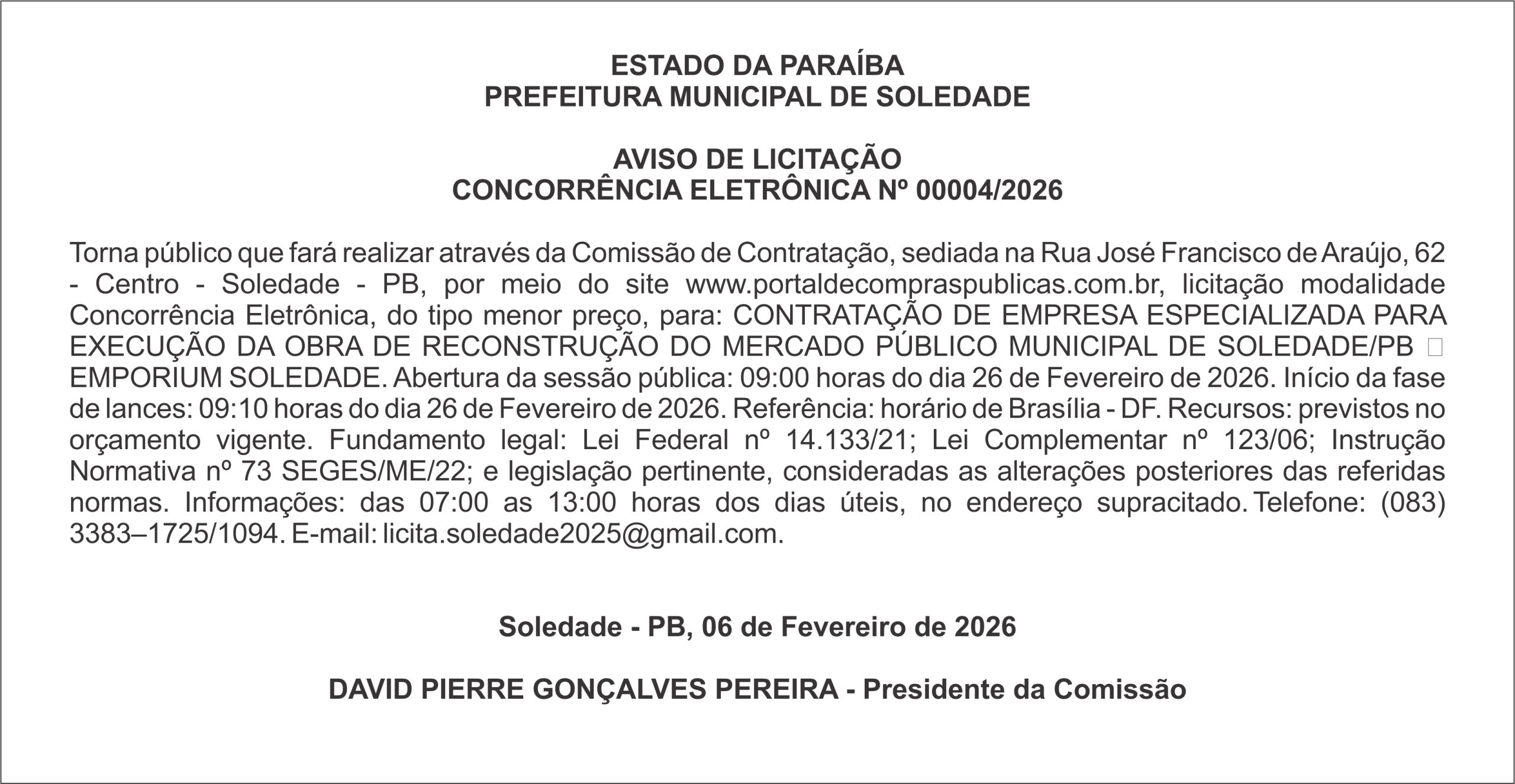 PREFEITURA MUNICIPAL DE SOLEDADE – AVISO DE LICITAÇÃO – CONCORRÊNCIA ELETRÔNICA Nº 00004/2026