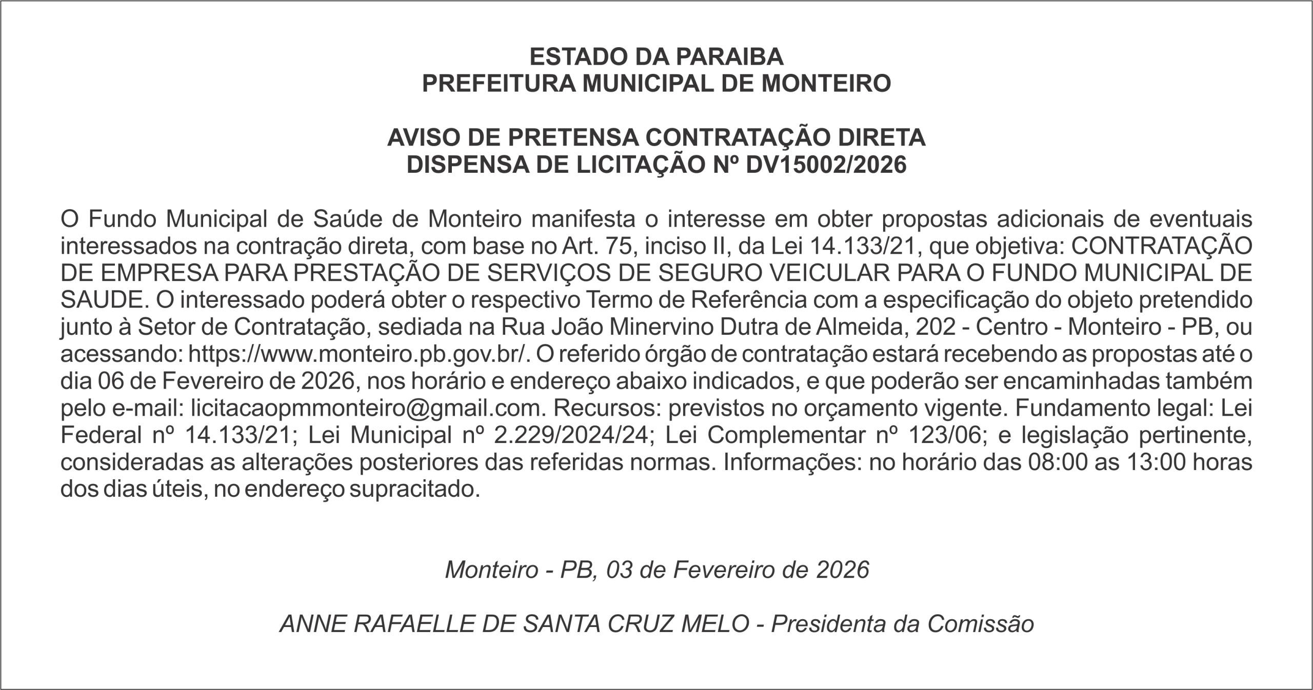 PREFEITURA MUNICIPAL DE MONTEIRO – AVISO DE PRETENSA CONTRATAÇÃO DIRETA