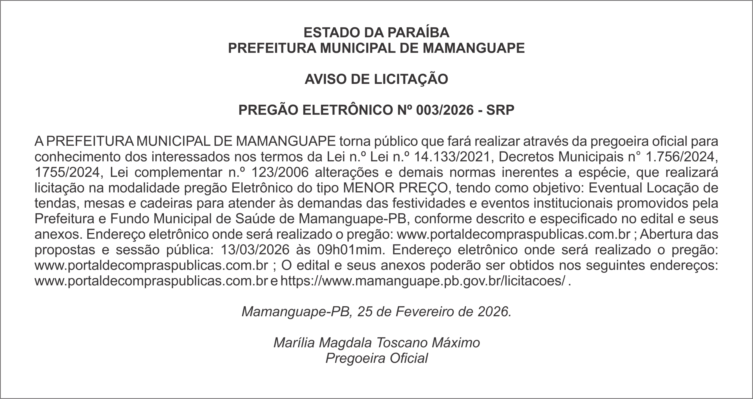 PREFEITURA MUNICIPAL DE MAMANGUAPE – AVISO DE LICITAÇÃO – PREGÃO ELETRÔNICO Nº 003/2026 – SRP