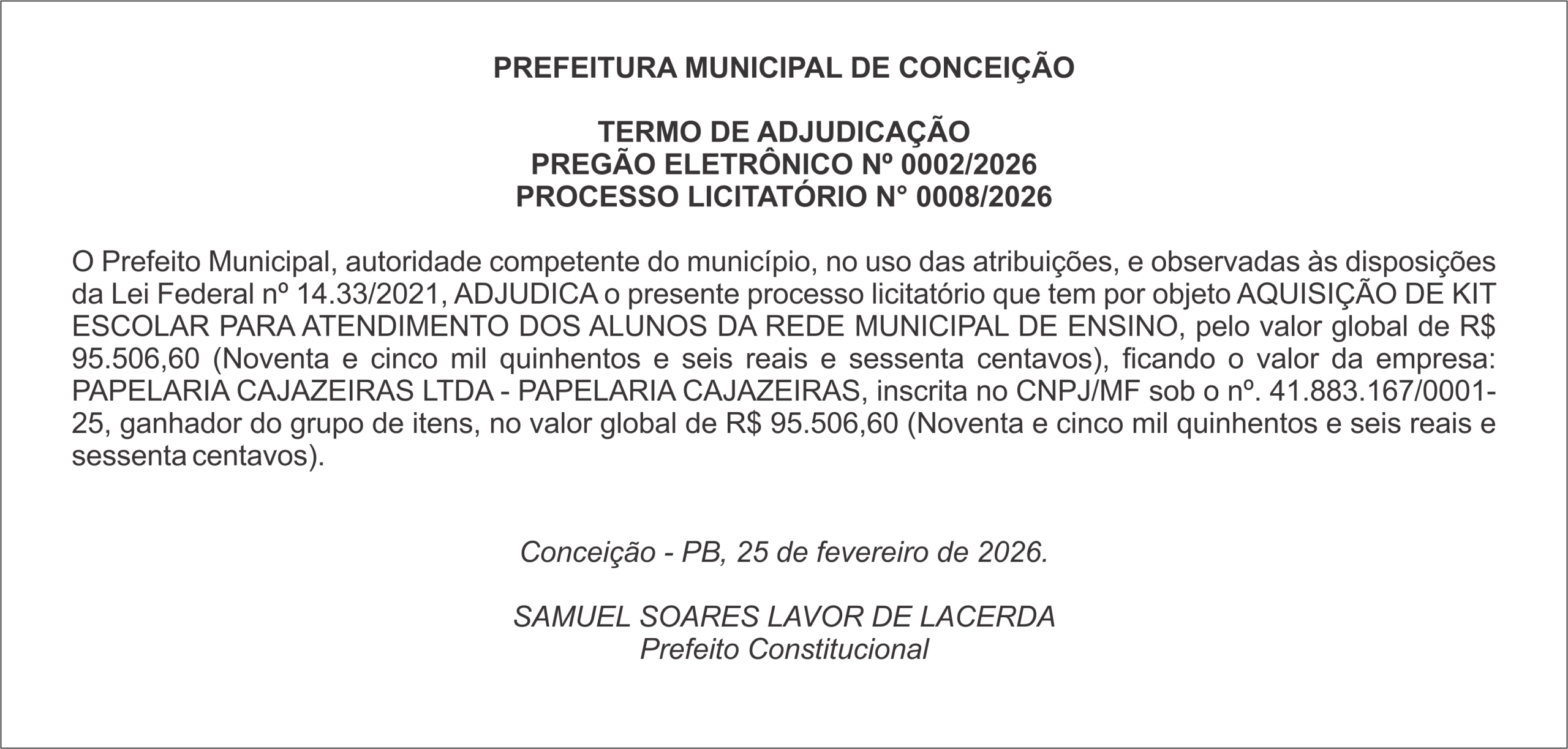 PREFEITURA DE CONCEIÇÃO – TERMO DE ADJUDICAÇÃO – PREGÃO ELETRÔNICO Nº 0002/2026