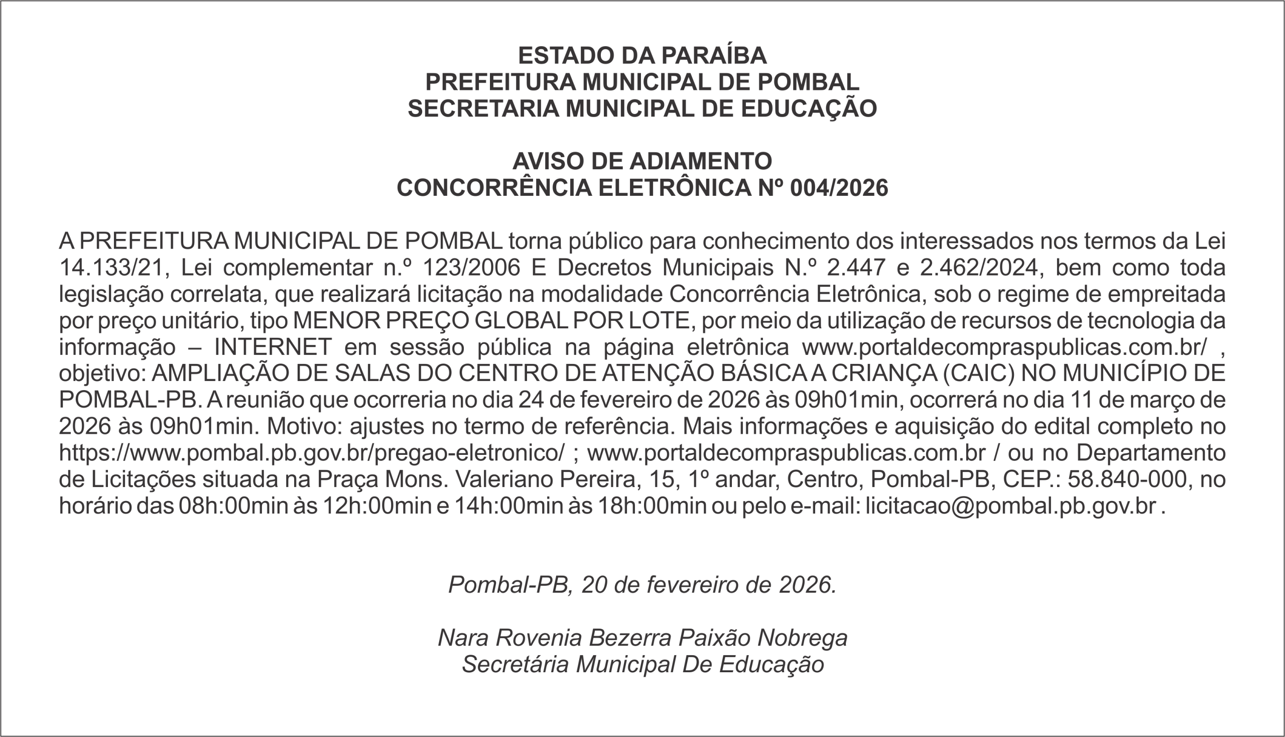 PREFEITURA MUNICIPAL DE POMBAL – AVISO DE ADIAMENTO CONCORRÊNCIA ELETRÔNICA Nº 004/2026