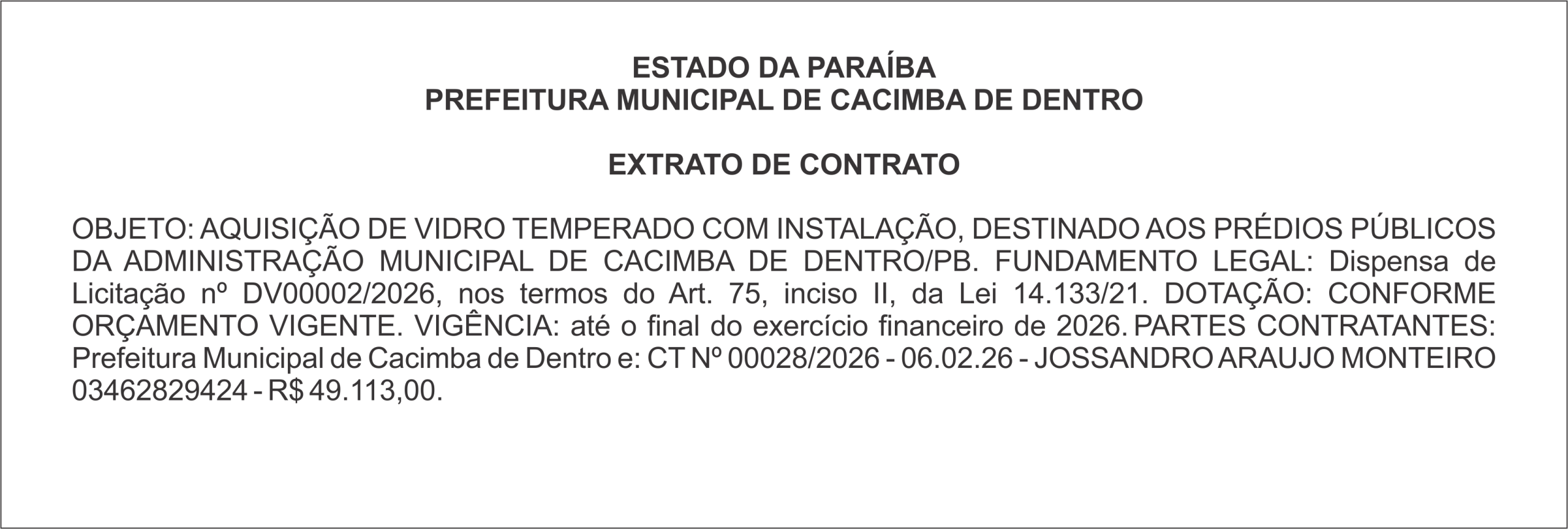 PREFEITURA MUNICIPAL DE CACIMBA DE DENTRO – EXTRATO DE CONTRATO
