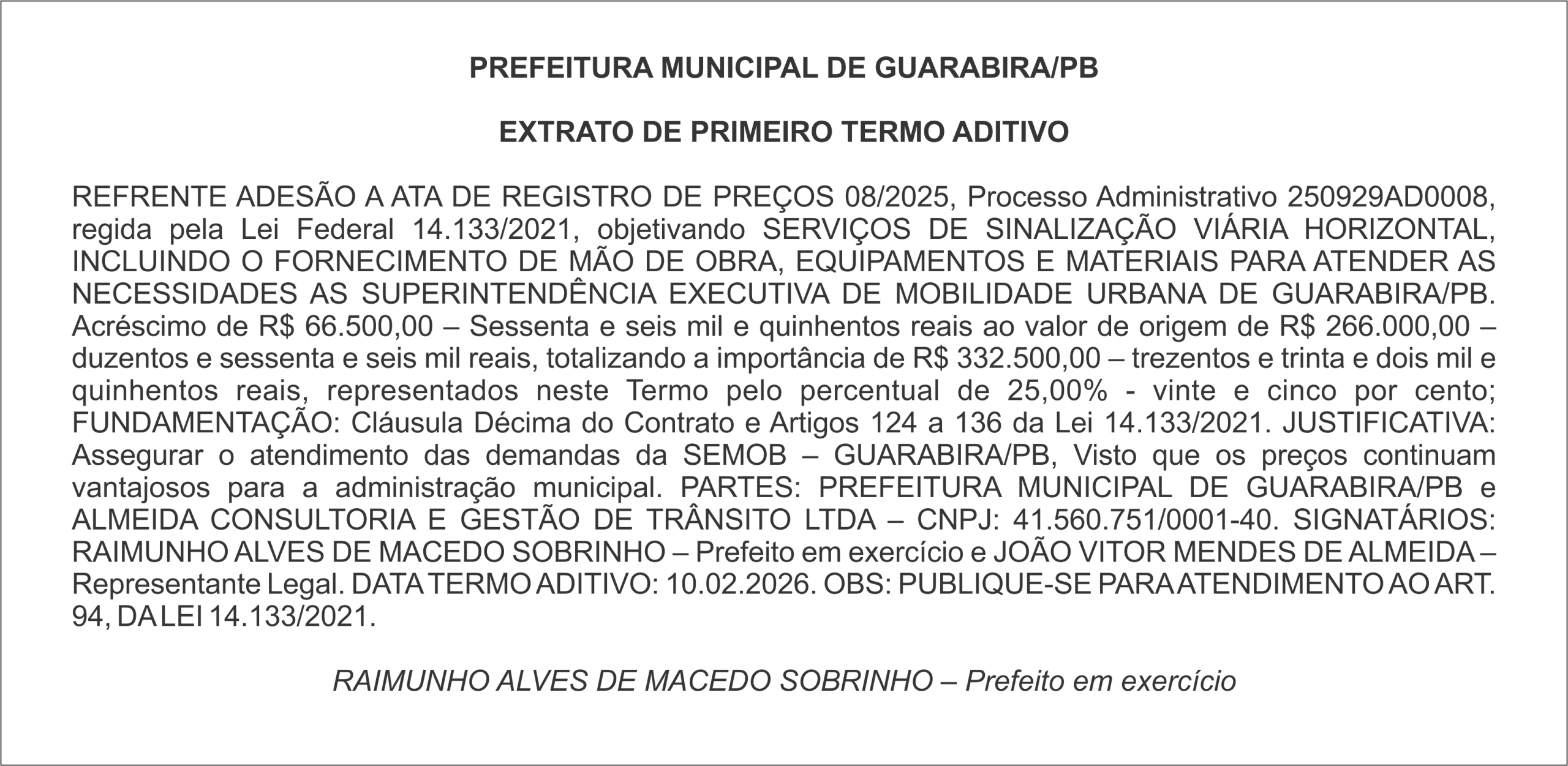 PREFEITURA MUNICIPAL DE GUARABIRA/PB – EXTRATO DE PRIMEIRO TERMO ADITIVO