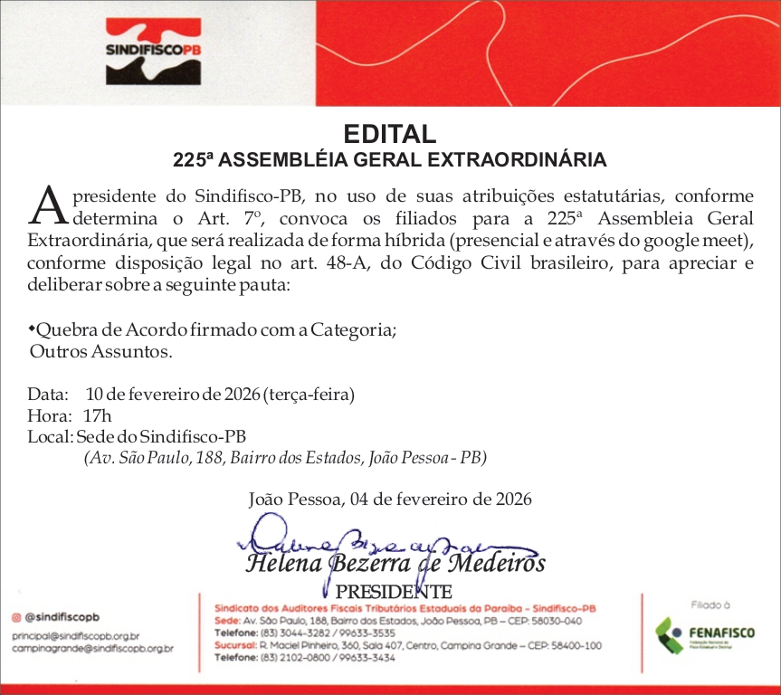 SINDIFISCO – PB – EDITAL DA 225ª ASSEMBLEIA GERAL EXTRAORDINÁRIA