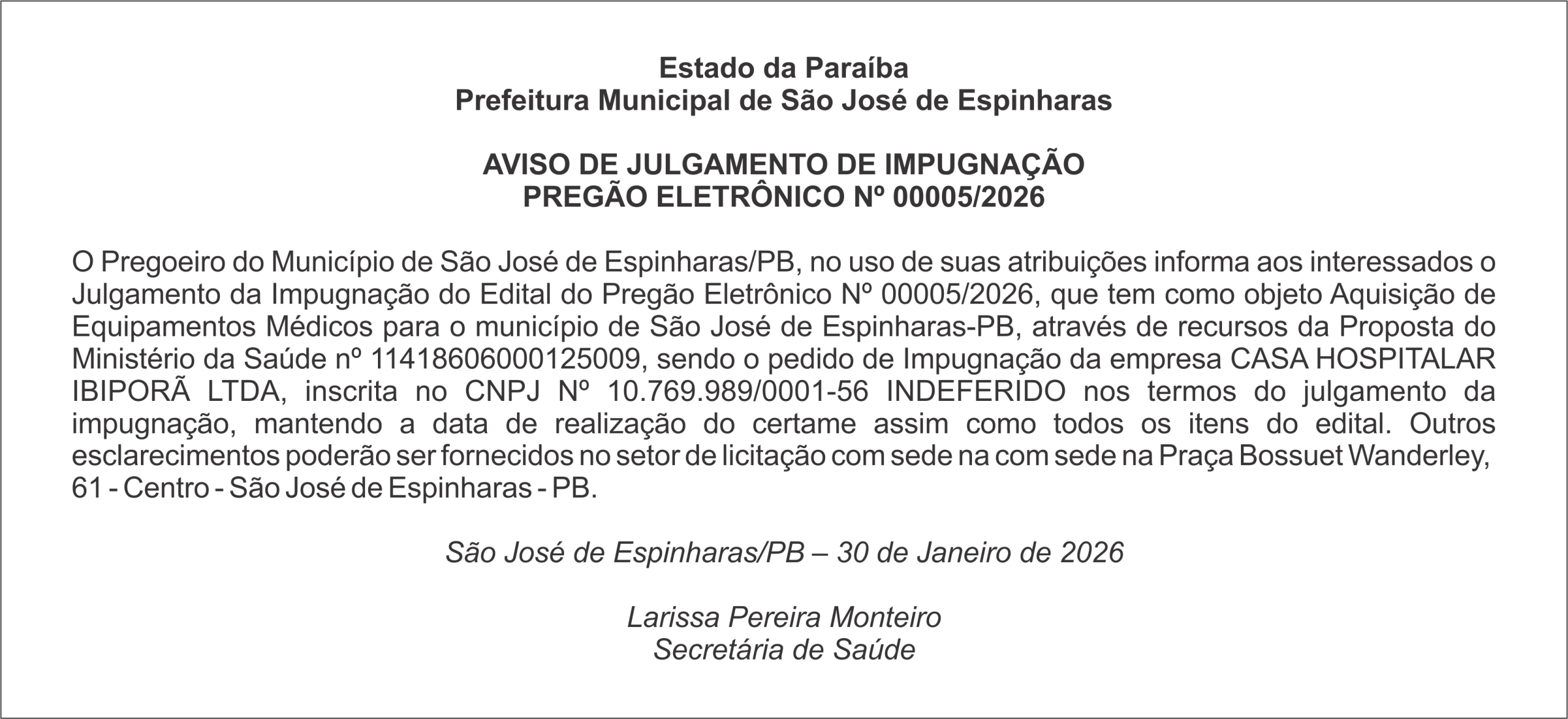 PREFEITURA DE SÃO JOSÉ DE ESPINHARAS – AVISO DE JULGAMENTO DE IMPUGNAÇÃO PREGÃO ELETRÔNICO Nº 00005/2026