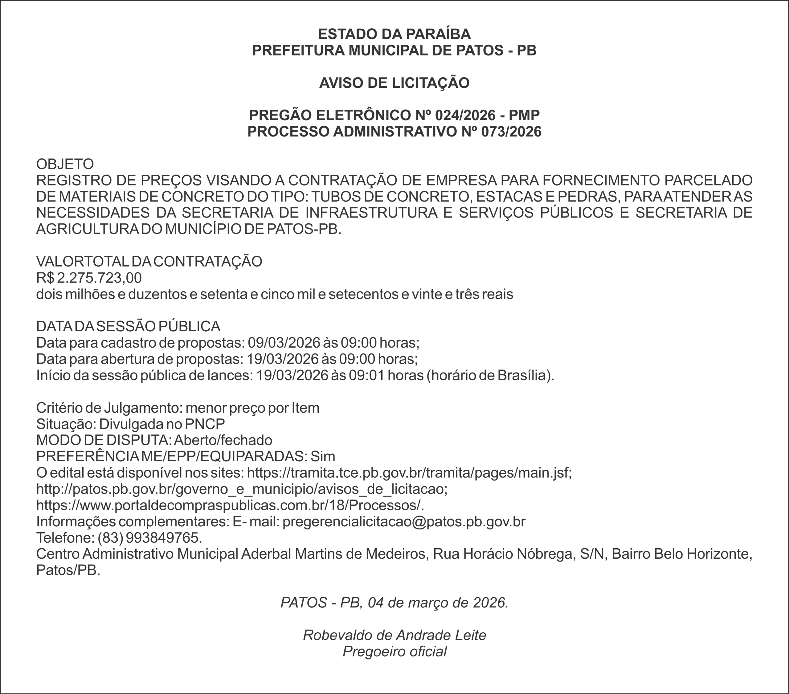PREFEITURA MUNICIPAL DE PATOS – PB – PREGÃO ELETRÔNICO Nº 024/2026 – PMP