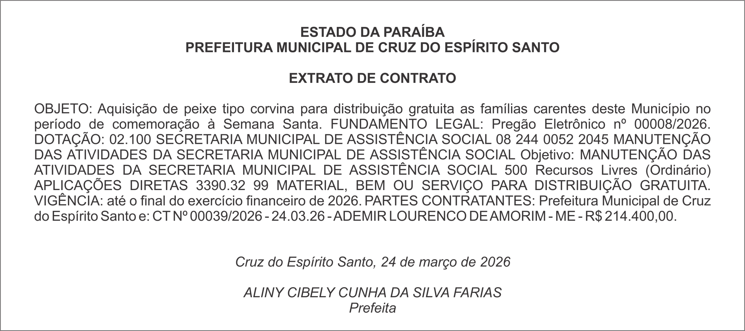 PREFEITURA MUNICIPAL DE CRUZ DO ESPÍRITO SANTO – EXTRATO DE CONTRATO
