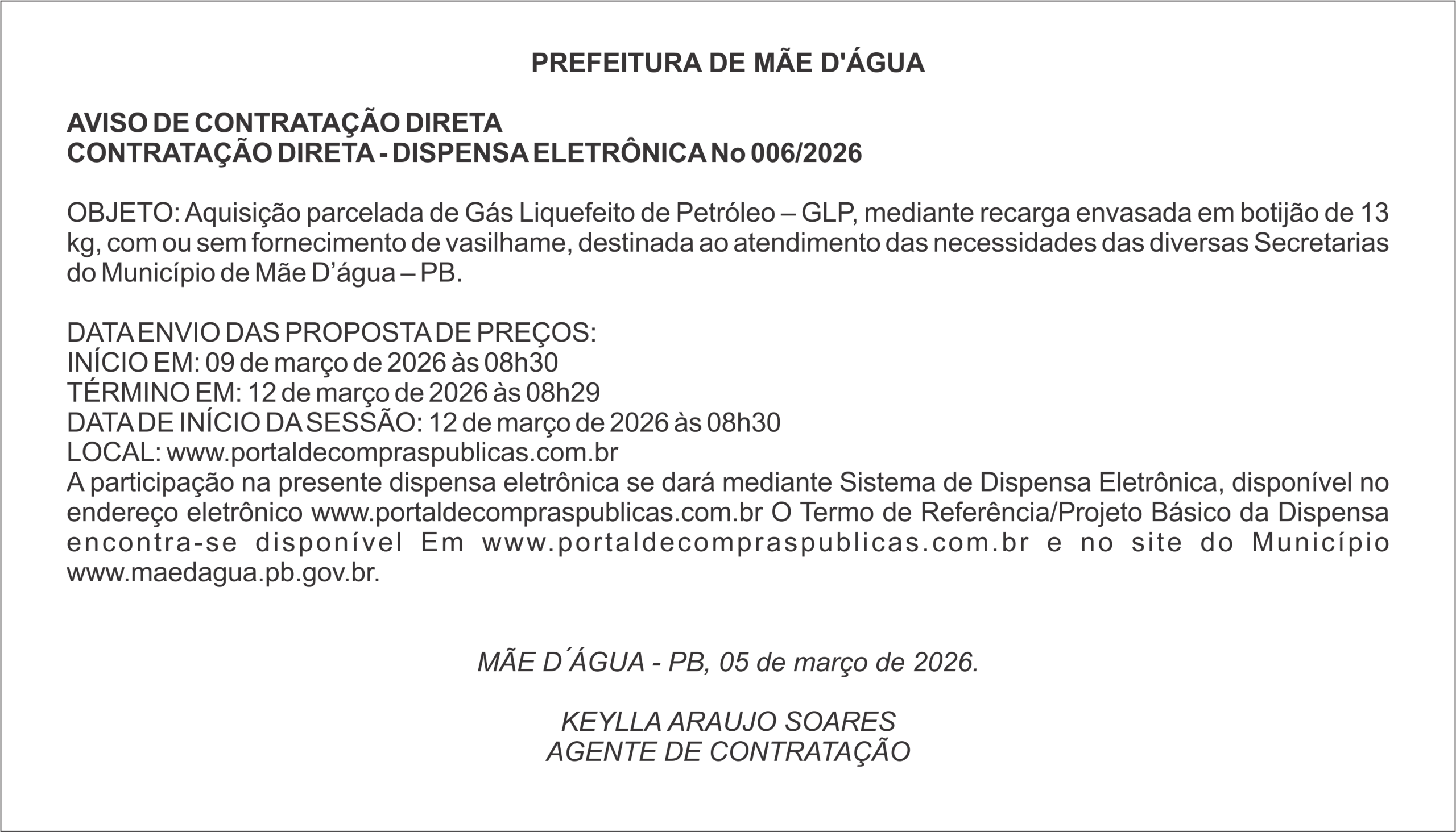 PREFEITURA DE MÃE D’ÁGUA – AVISO DE CONTRATAÇÃO DIRETA