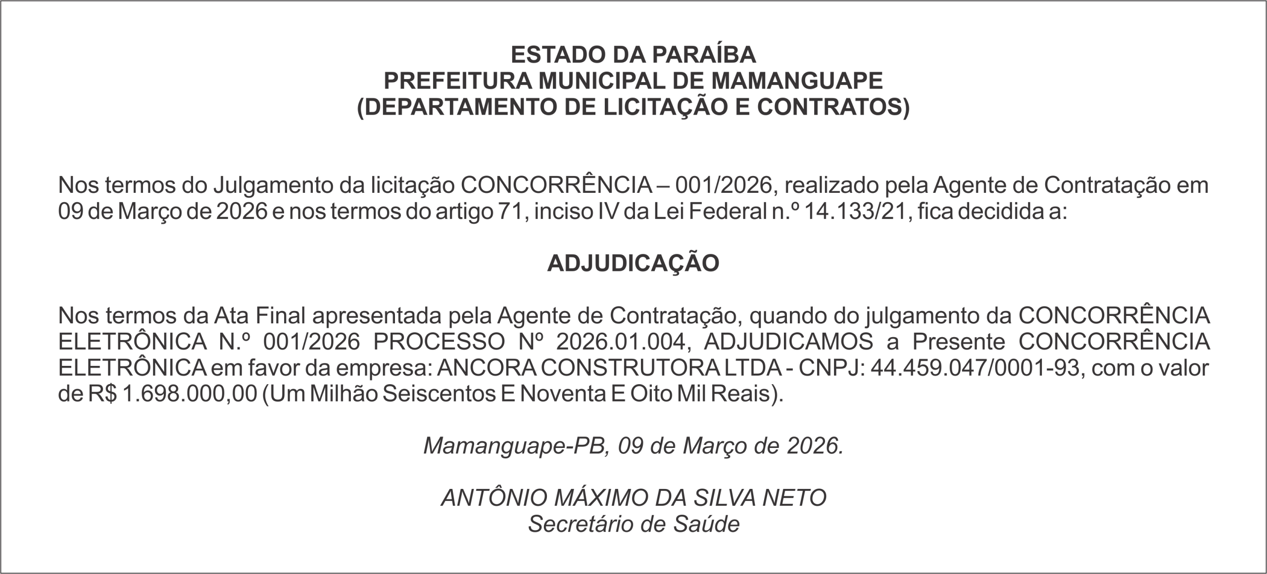 PREFEITURA MUNICIPAL DE MAMANGUAPE – ADJUDICAÇÃO